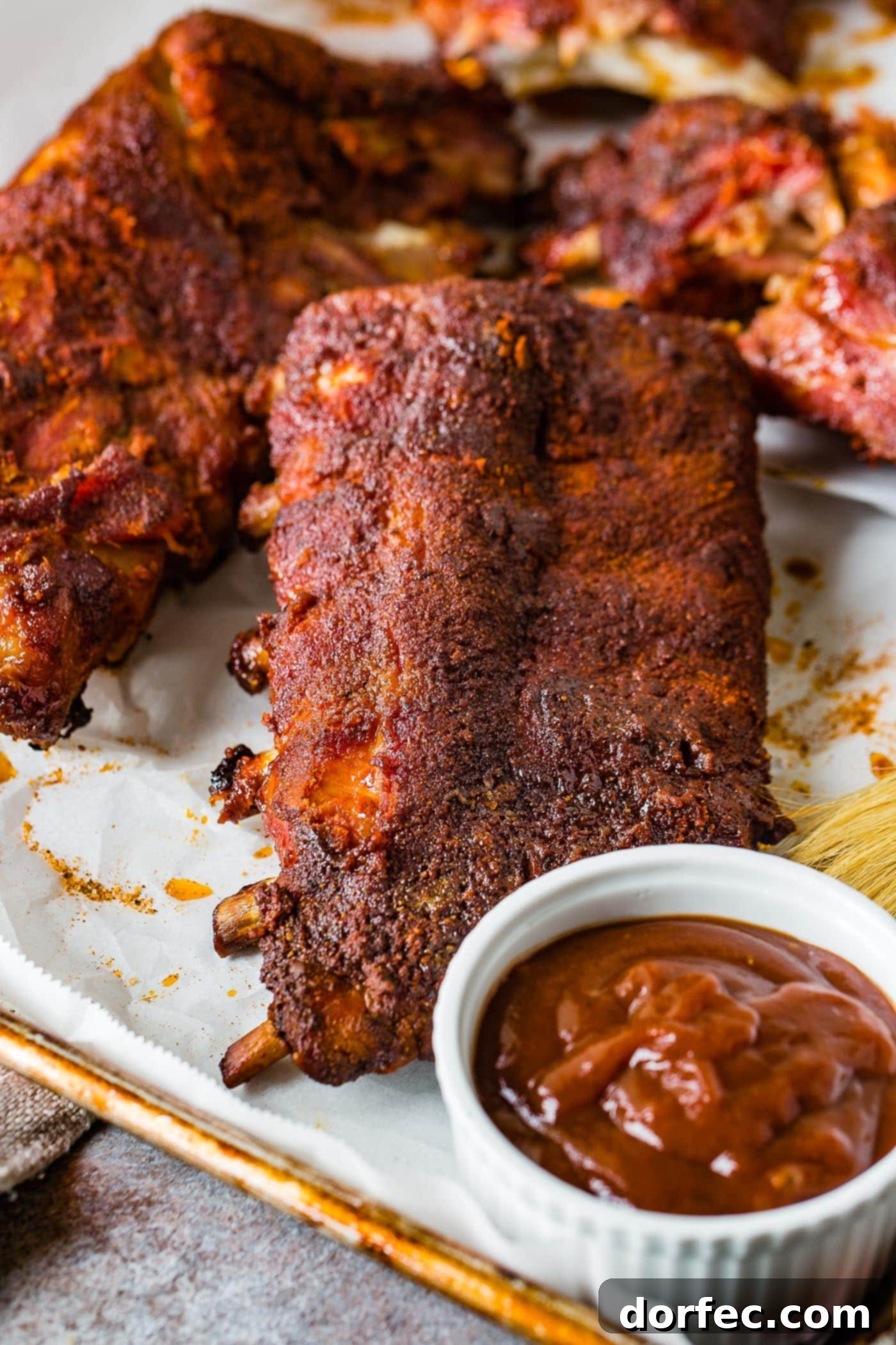 Traeger Smoked Ribs A beautifully presented rack of smoked ribs, sliced into individual portions, with a small cup of homemade BBQ sauce for dipping.