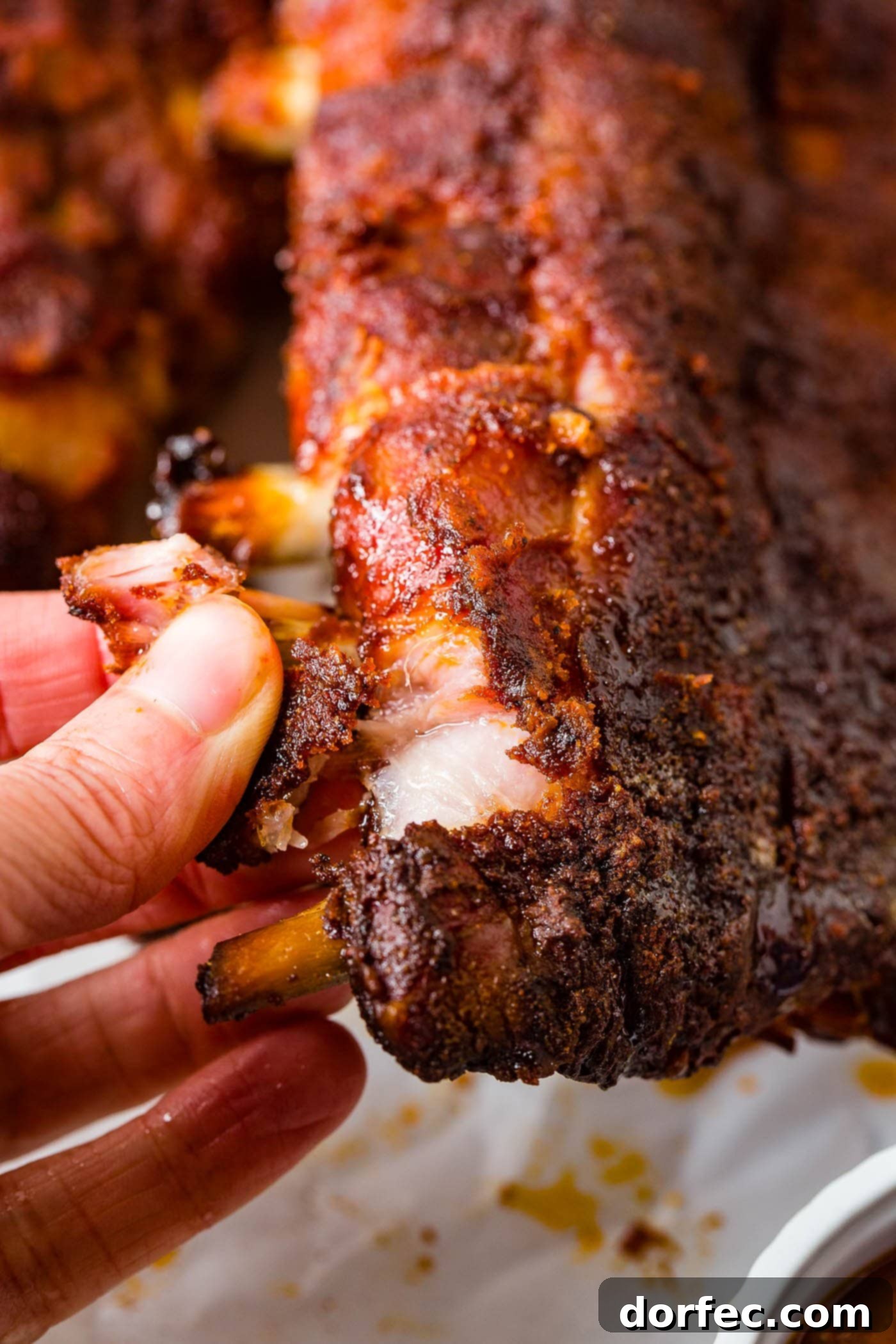 Traeger Smoked Ribs Close-up shot of a hand gently pulling a tender piece of meat from a smoked rib, showcasing its perfect doneness.