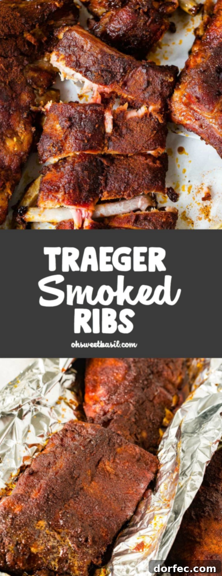 Fall-Off-The-Bone Traeger Ribs 3 A close-up of a rack of smoked ribs, glistening with a delicious dry rub, ready for carving.