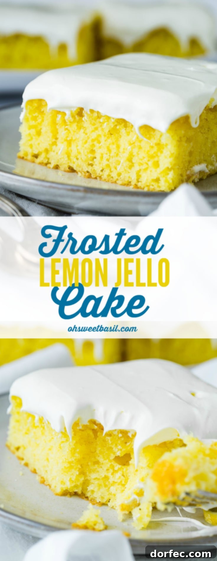 A beautifully frosted slice of lemon jello cake, garnished with two delicate round lemon slices, sits gracefully on a serving plate. In the blurred background, another plate offers more tantalizing slices, all presented on pristine white linen napkins.