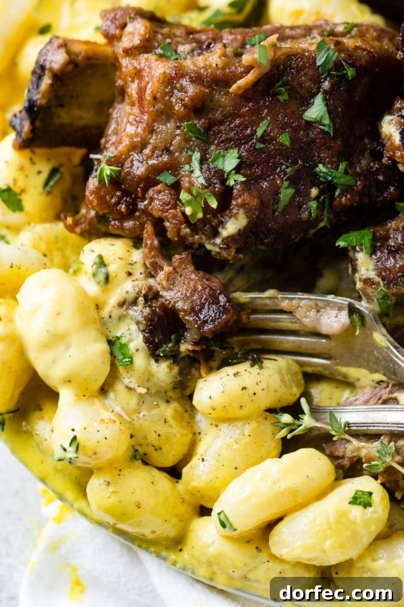A delectable close-up of braised beef short ribs and charred pepper cream gnocchi, with a fork showcasing the dish's irresistible qualities.