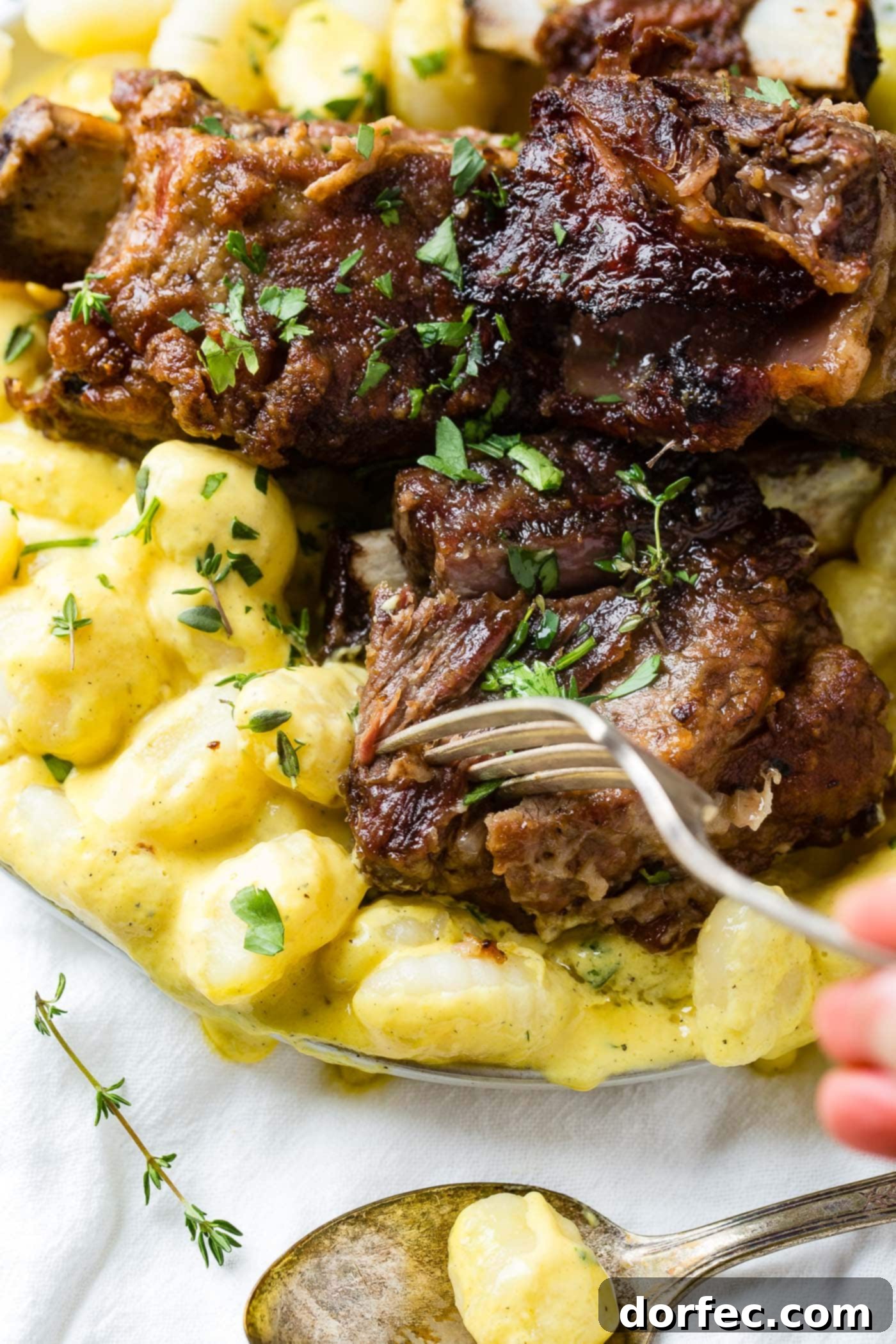 A close-up shot of a fork lifting a piece of braised beef short rib and creamy charred pepper gnocchi, highlighting the perfect sauce coating.
