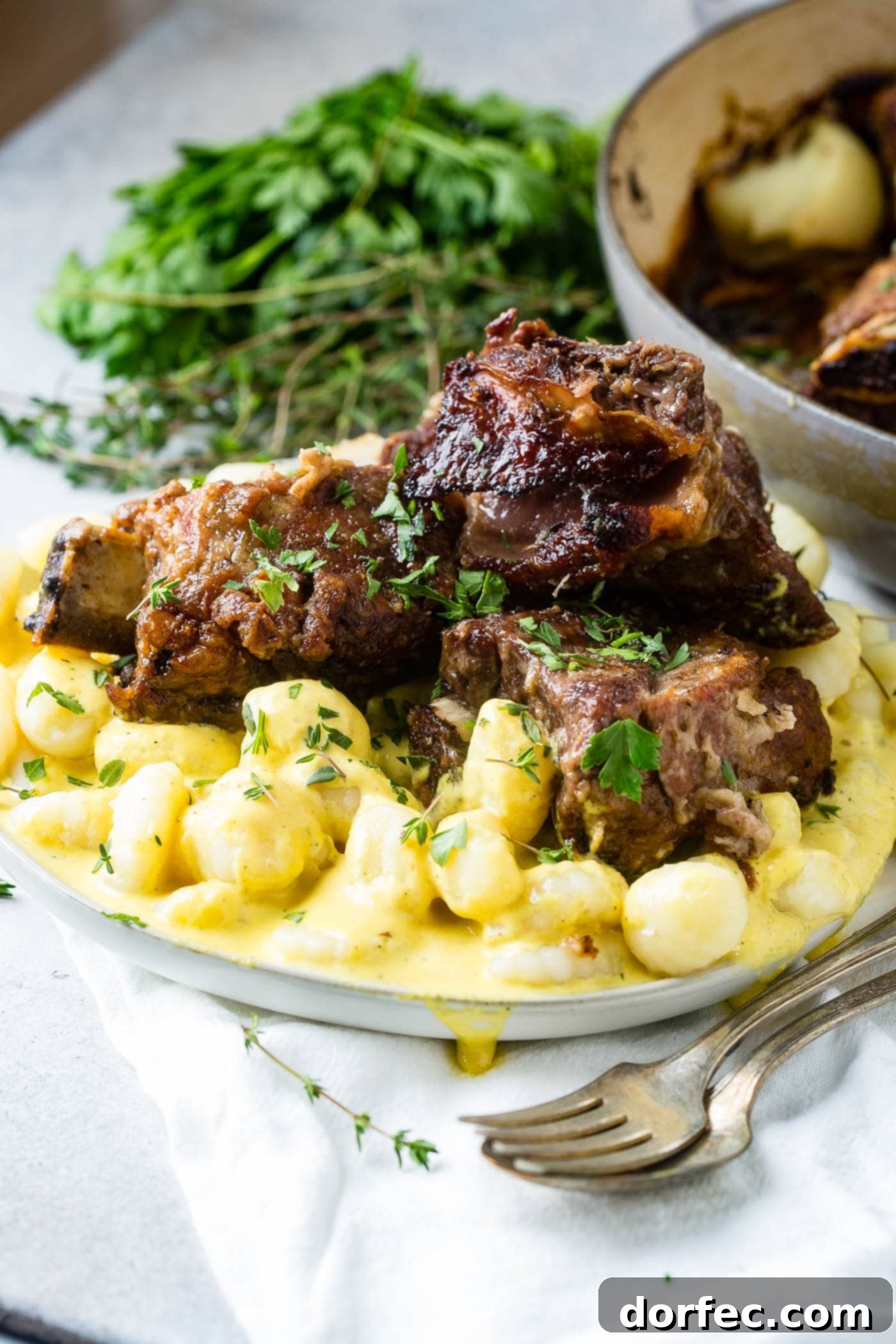 A stunning plate of oven-braised beef short ribs served elegantly over a generous portion of creamy charred pepper gnocchi, garnished with fresh herbs.