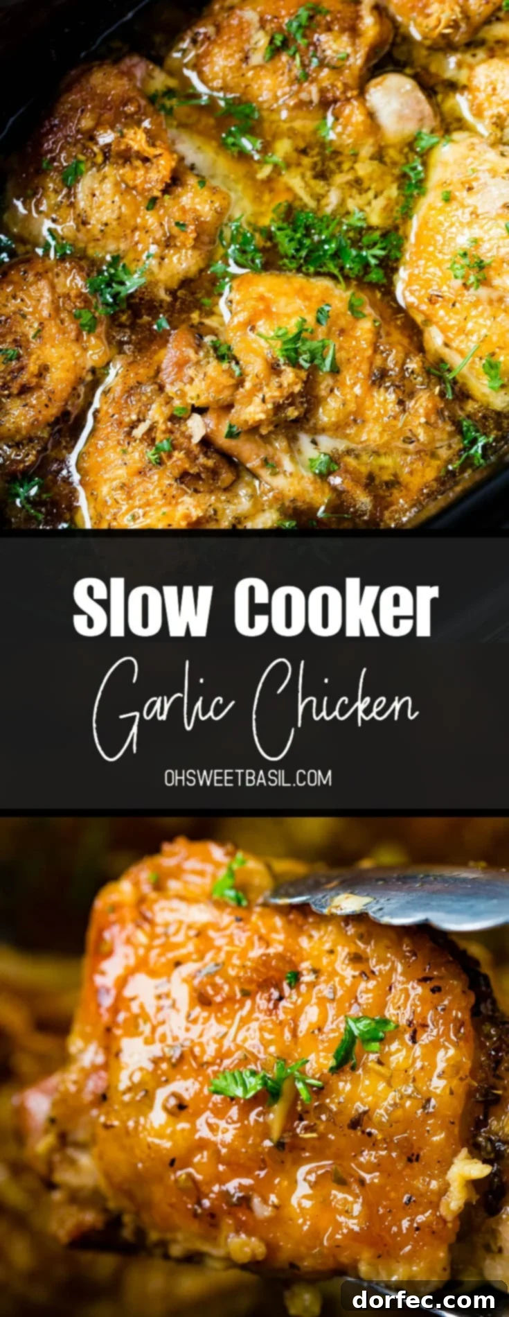A top-down view of slow cooker garlic chicken in a Crock-Pot, steam rising, highlighting the delicious glaze and tender appearance.