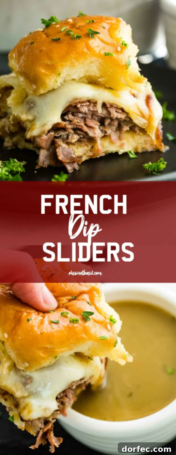 A close-up photo of a single French Dip Slider on a black plate, emphasizing its enticing texture.