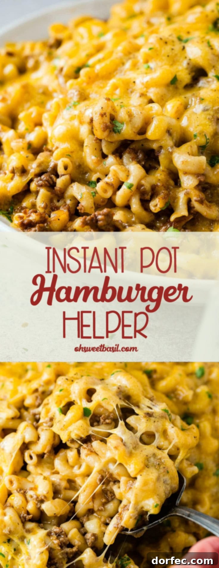 A photo of a serving of Instant Pot Hamburger Helper being spooned out of a dish.