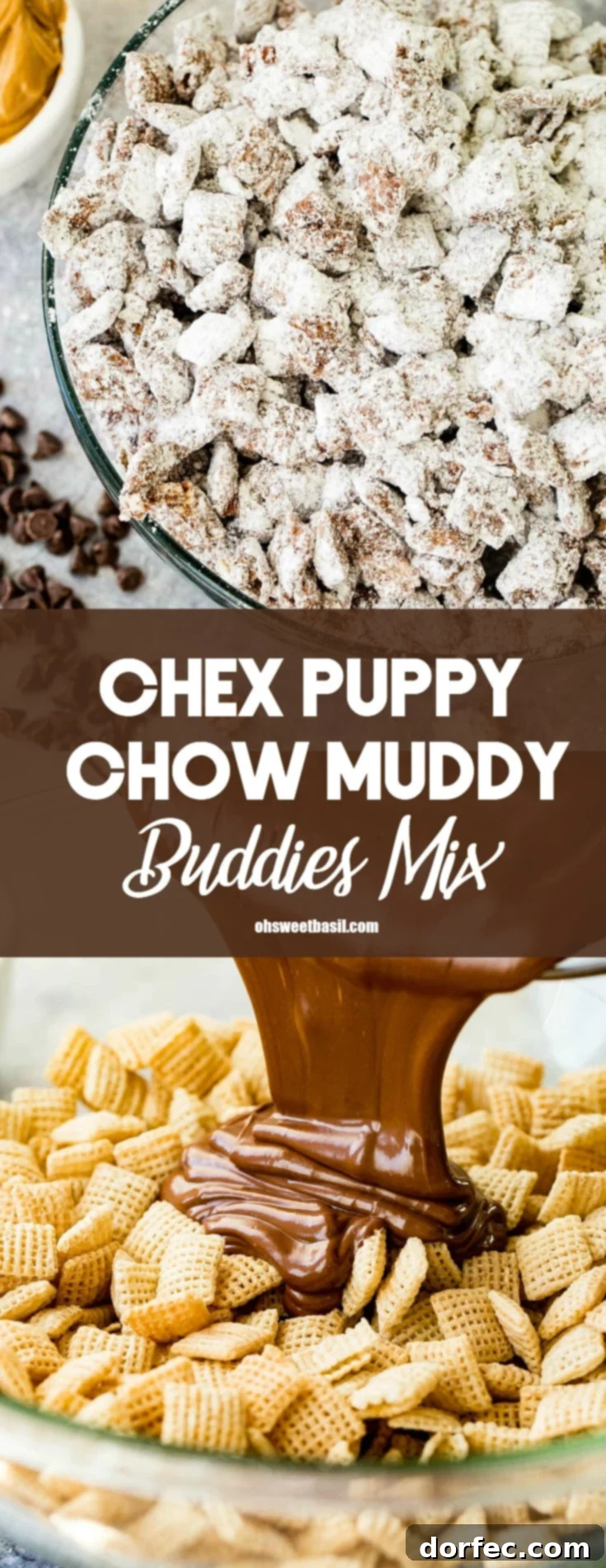 A photo of muddy buddies snack mix in a glass bowl.
