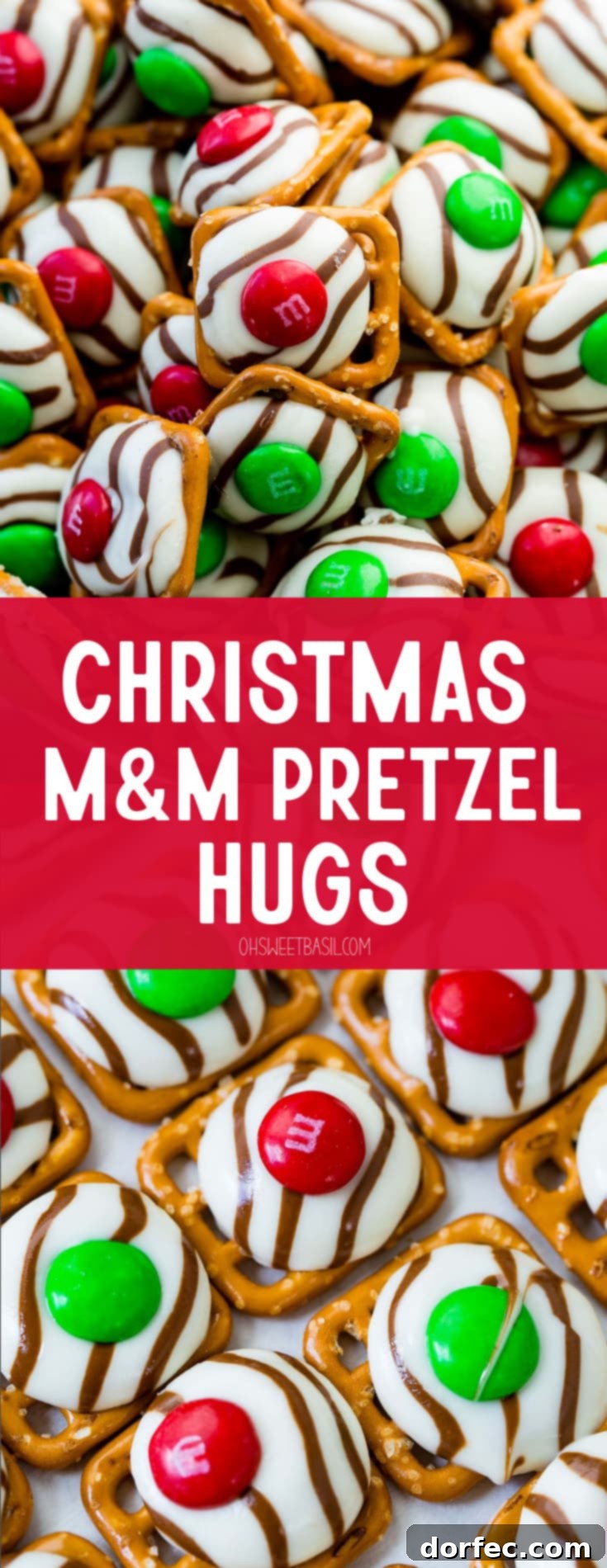 A bowl of m&m pretzel hugs with red and green candies on top