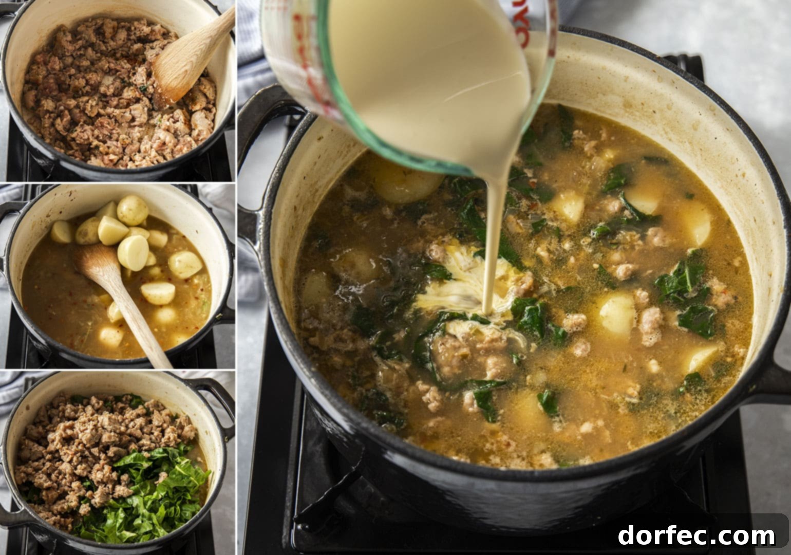 A collage of photos showing the steps to making zuppa toscana.