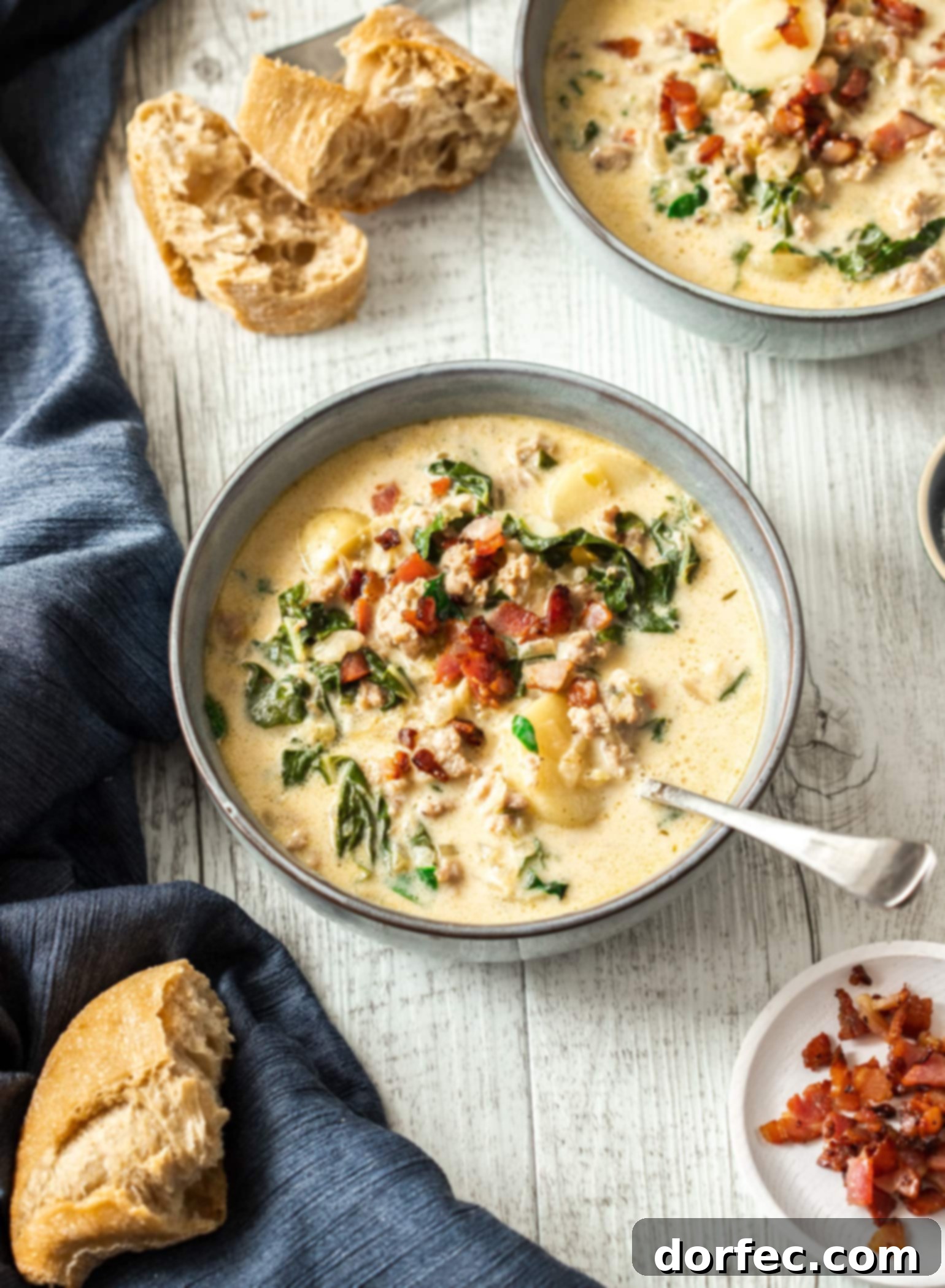 Bowls of zuppa toscana on a white timber table surrounded by chunks of bread