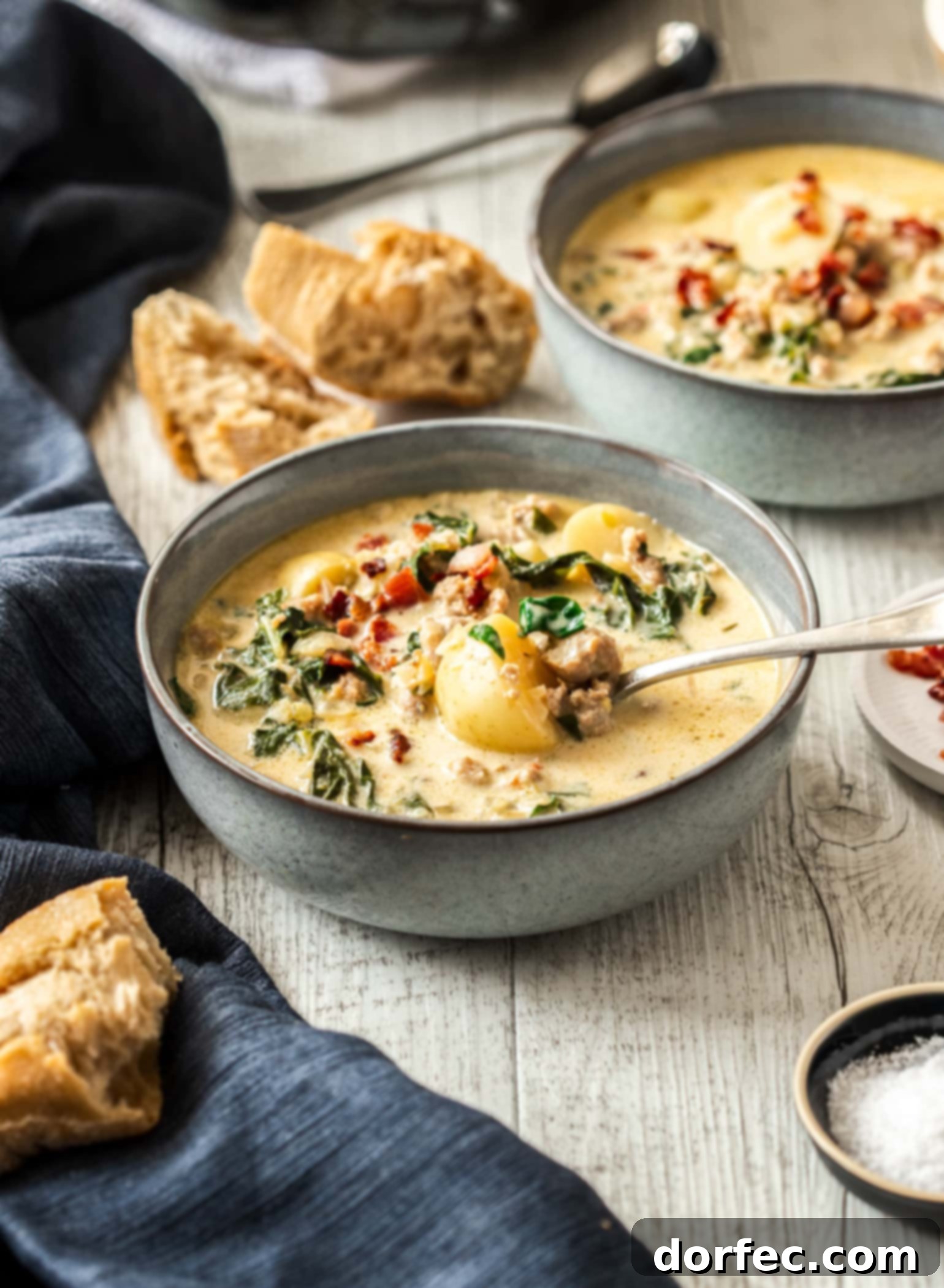 Bowls of zuppa toscana on a white timber table surrounded by chunks of bread