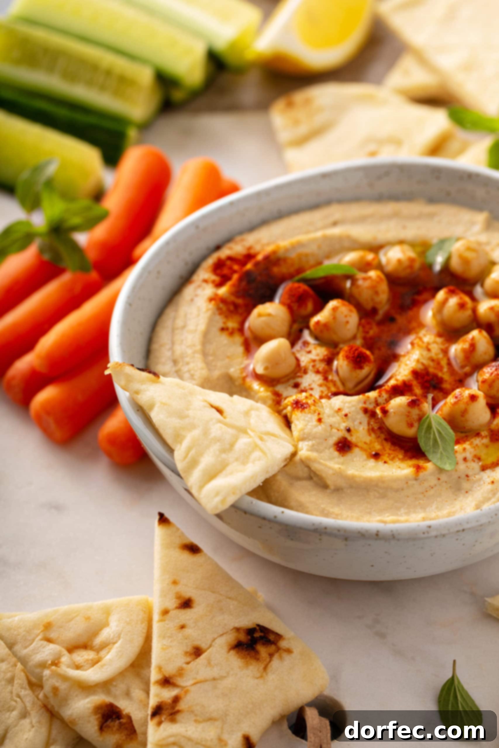 Best Easy Homemade Hummus A bowl of hummus with whole chick peas on top, sprinkled with smoked paprika, and a chip dipped into it with carrot sticks on the side.