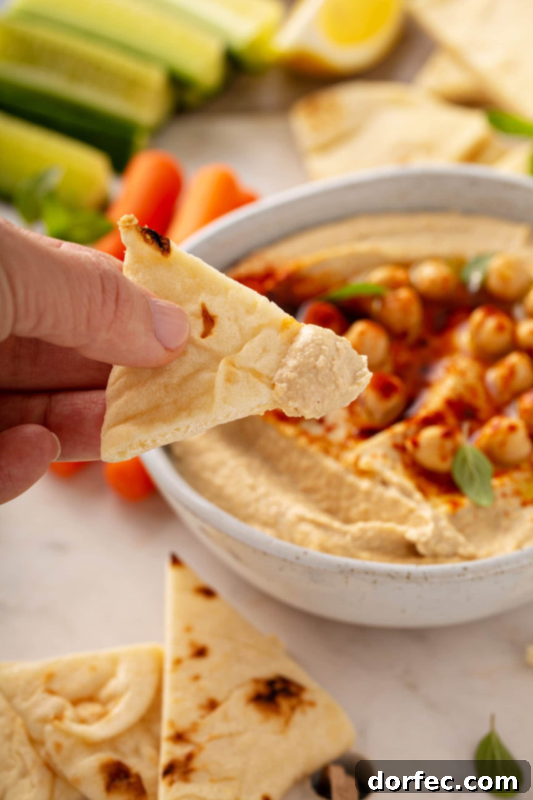 Best Easy Homemade Hummus A chip that has been dipped in the bowl of hummus which has whole chick peas on top and is sprinkled with smoked paprika. There are carrot sticks in the background.