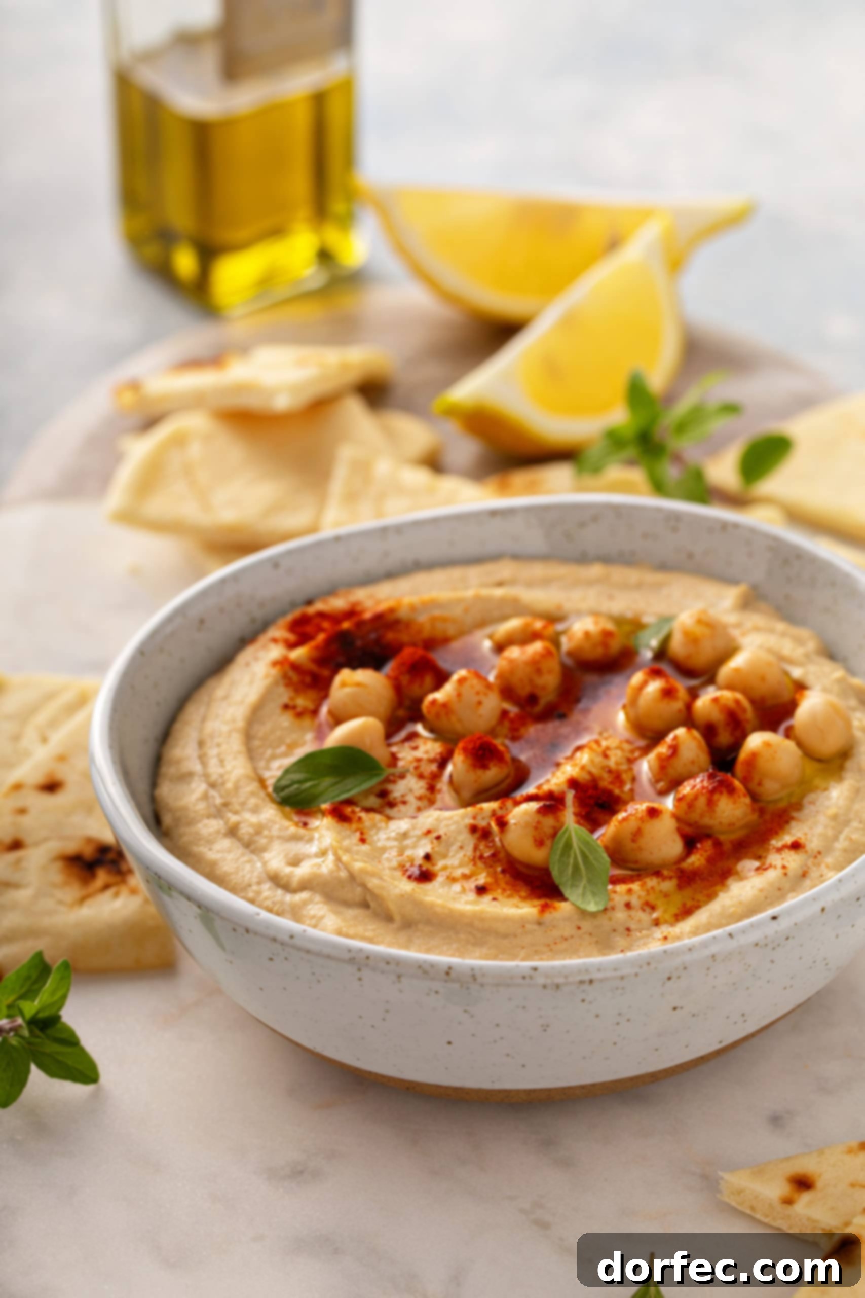 Best Easy Homemade Hummus A bowl of hummus with whole chick peas and smoked paprika on top, and lemon wedges and pieces of tortilla in the background.