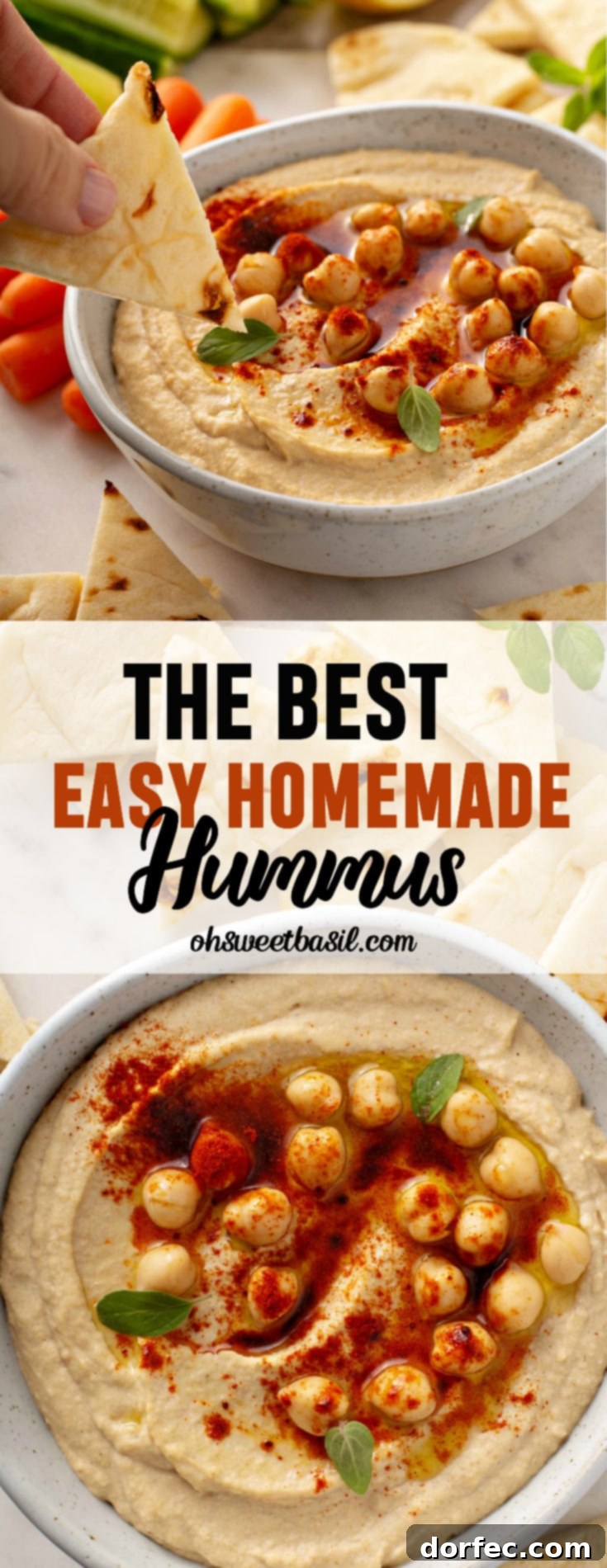 Effortless Creamy Homemade Hummus 3 A bowl of hummus with whole chick peas on top, sprinkled with smoked paprika, and a chip dipped into it with carrot sticks on the side.