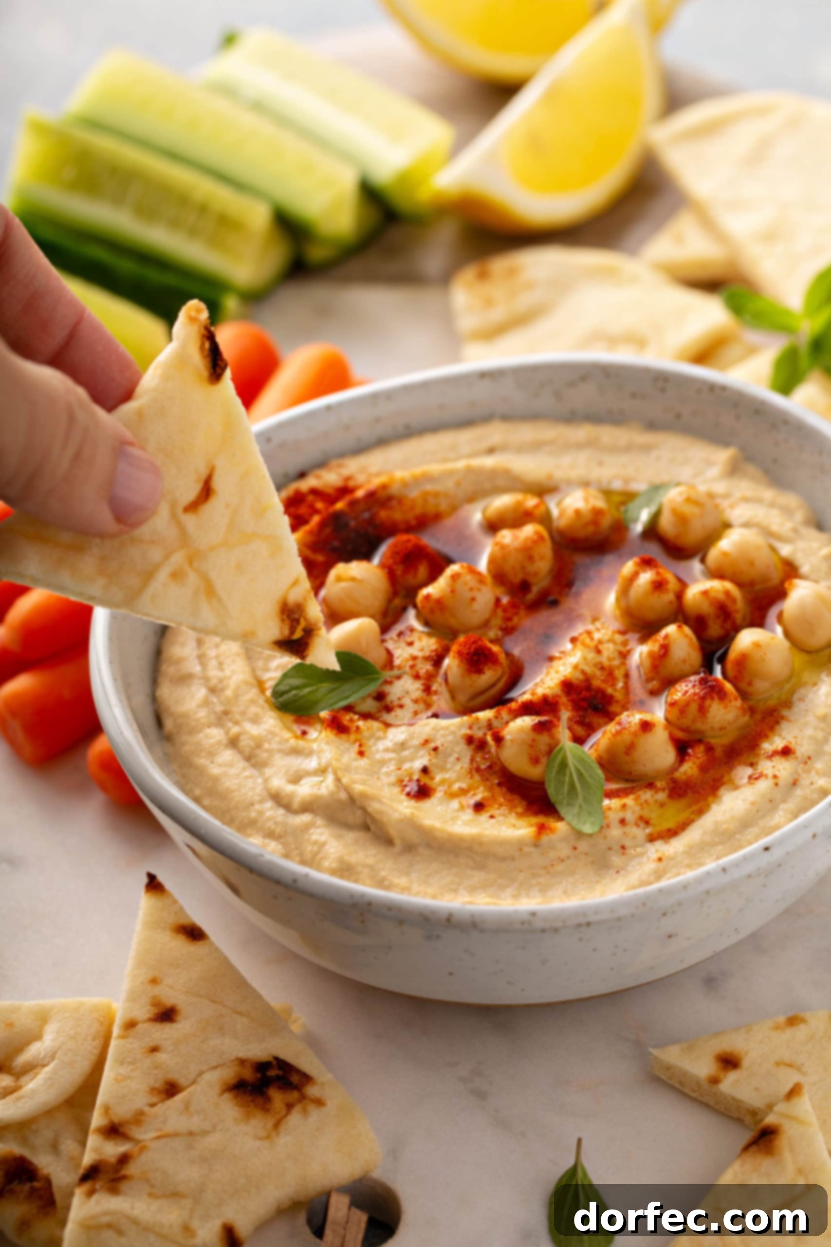 Best Easy Homemade Hummus A chip ready to be dipped in a bowl of hummus with whole chick peas on top and sprinkled with smoked paprika. There are carrots and celery in the background.