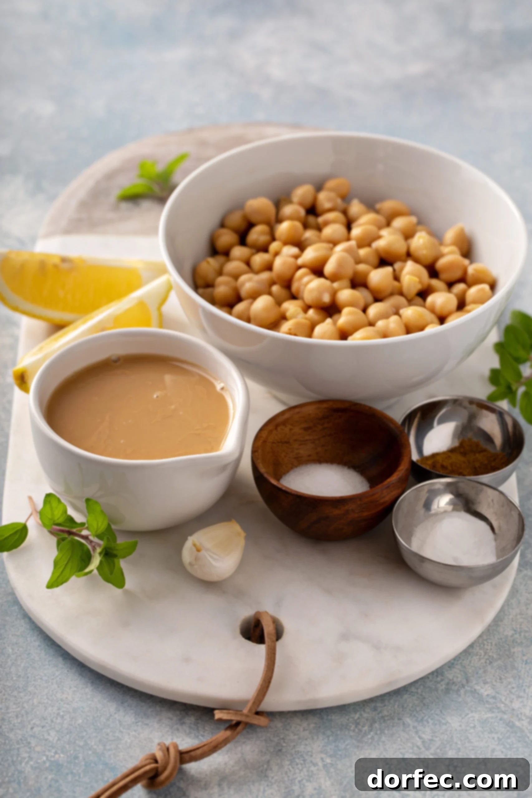 Best Easy Homemade Hummus A large bowl of chick peas, smaller bowls of sea salt, cumin and baking soda with a cup of Tahini and a clove of garlic and lemon wedges.
