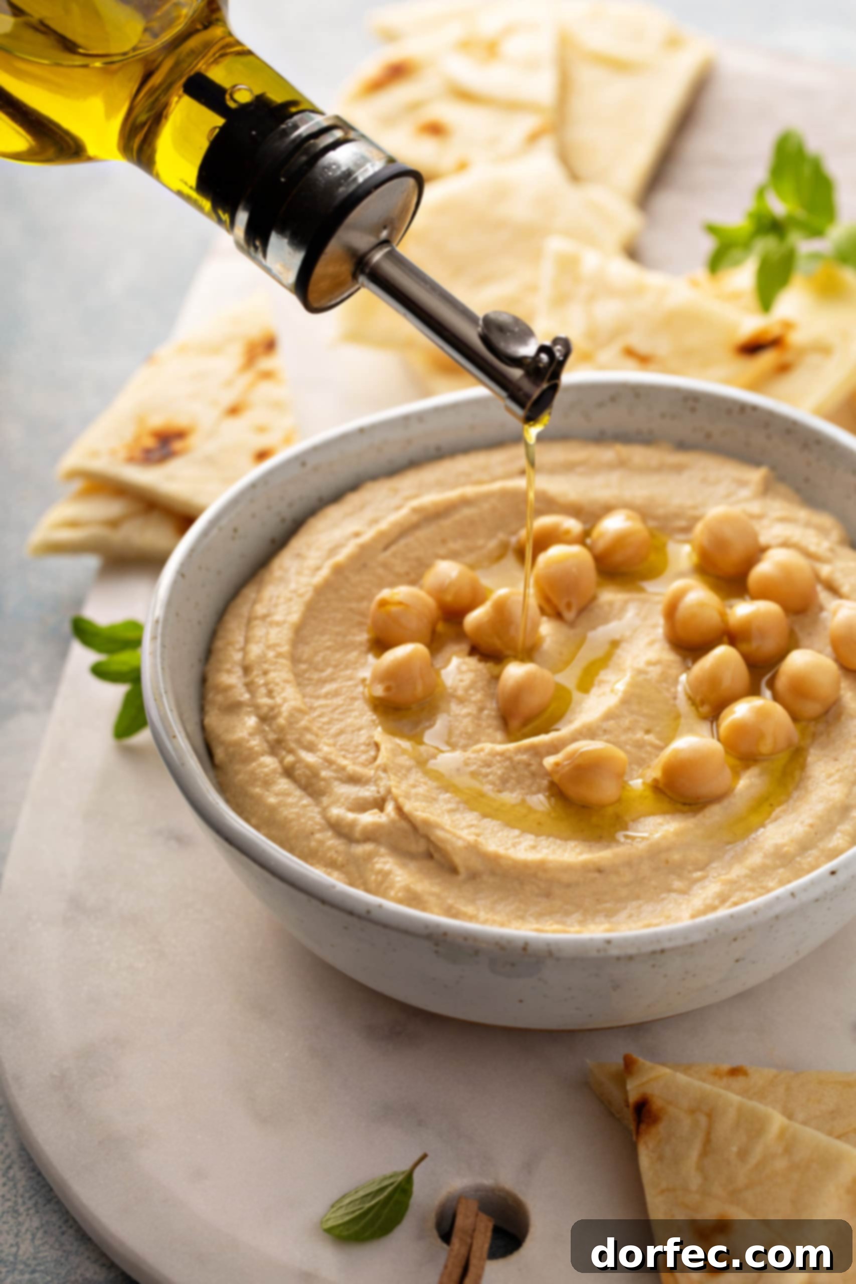 Best Easy Homemade Hummus Olive oil being drizzled over a bowl of hummus with whole chick peas on top and tortilla wedges in the background.