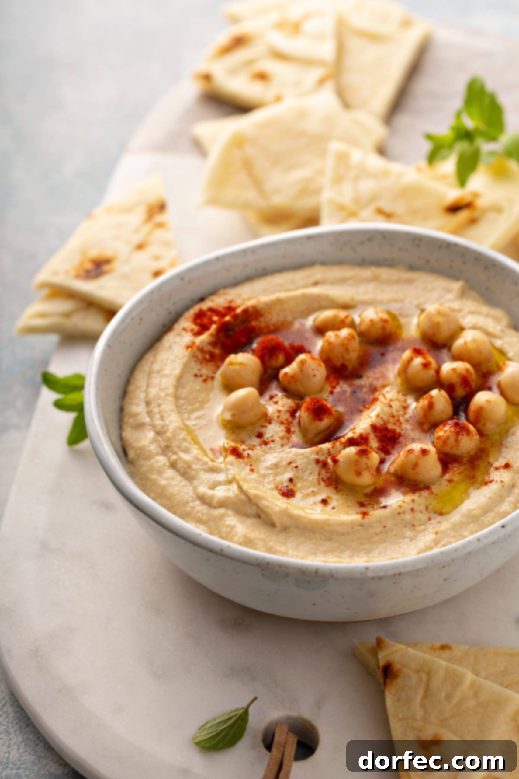 Best Easy Homemade Hummus Wedges of flour tortillas surrounding a bowl of hummus with whole chick peas on top, sprinkled with smoked paprika.