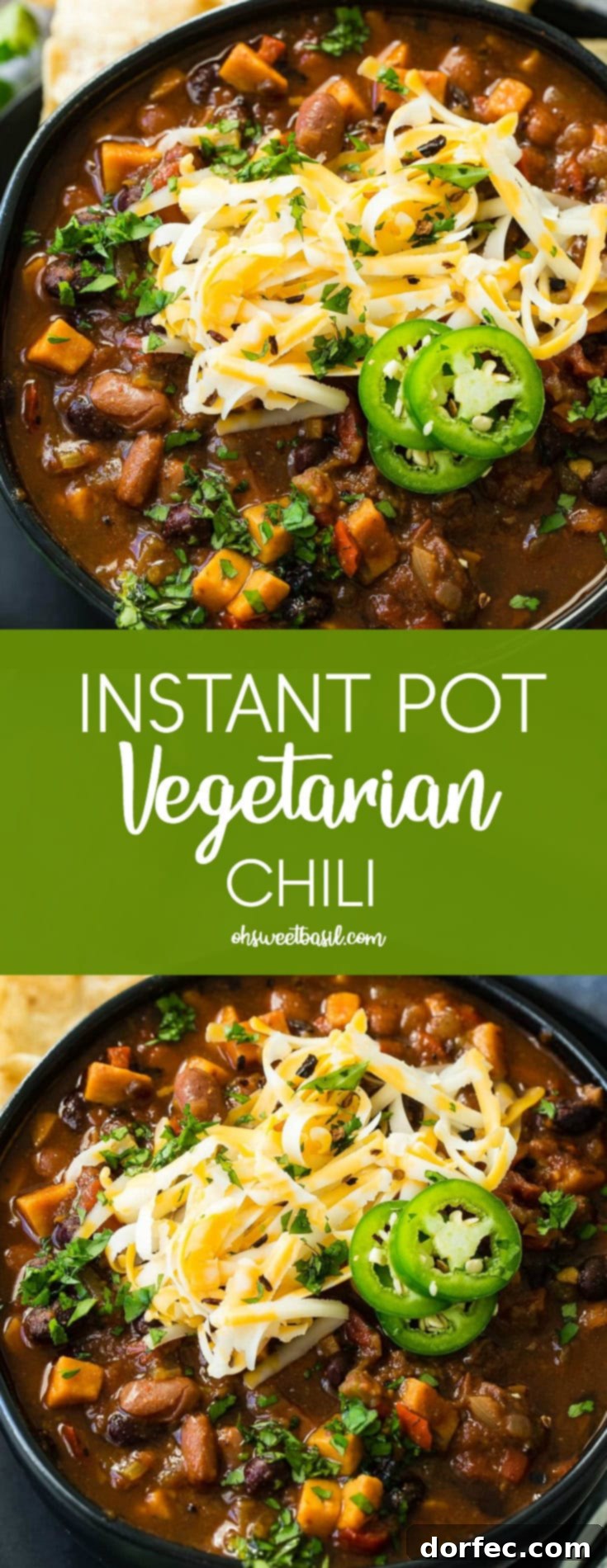 Hearty Instant Pot Vegetarian Chili 3 A close-up shot of a comforting bowl of vegetarian chili, generously topped with shredded cheese and bright slices of fresh jalapeño, highlighting its inviting texture and rich color.
