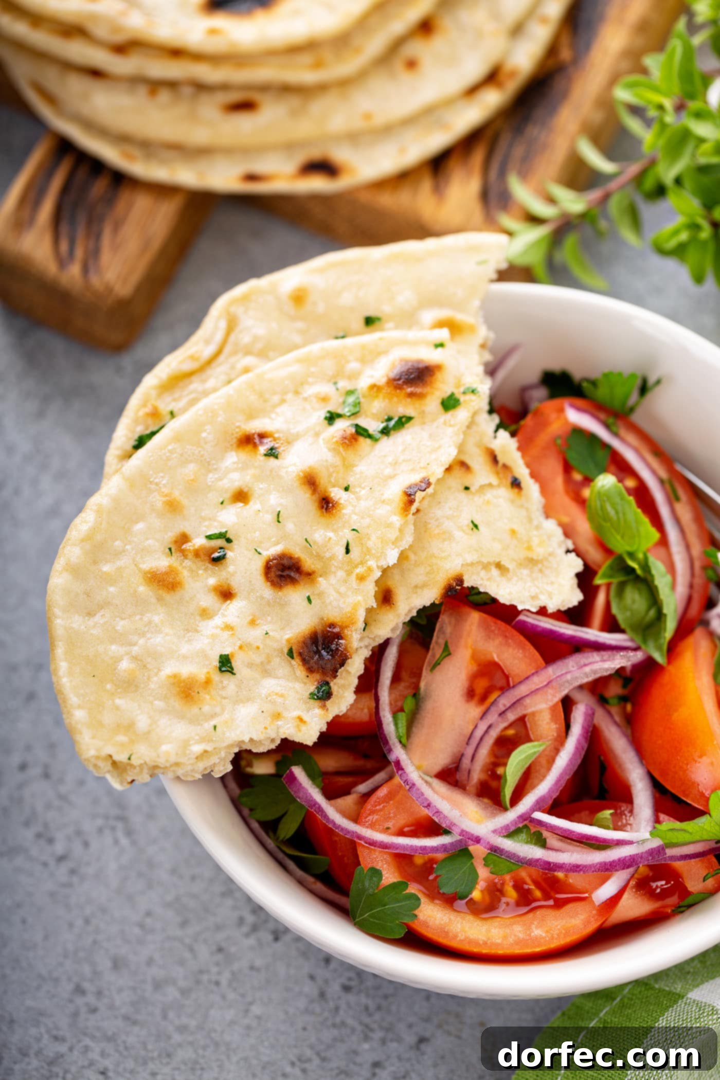 A bowl of fresh tomato and onion salad with torn pieces of golden-brown unleavened bread on the side.