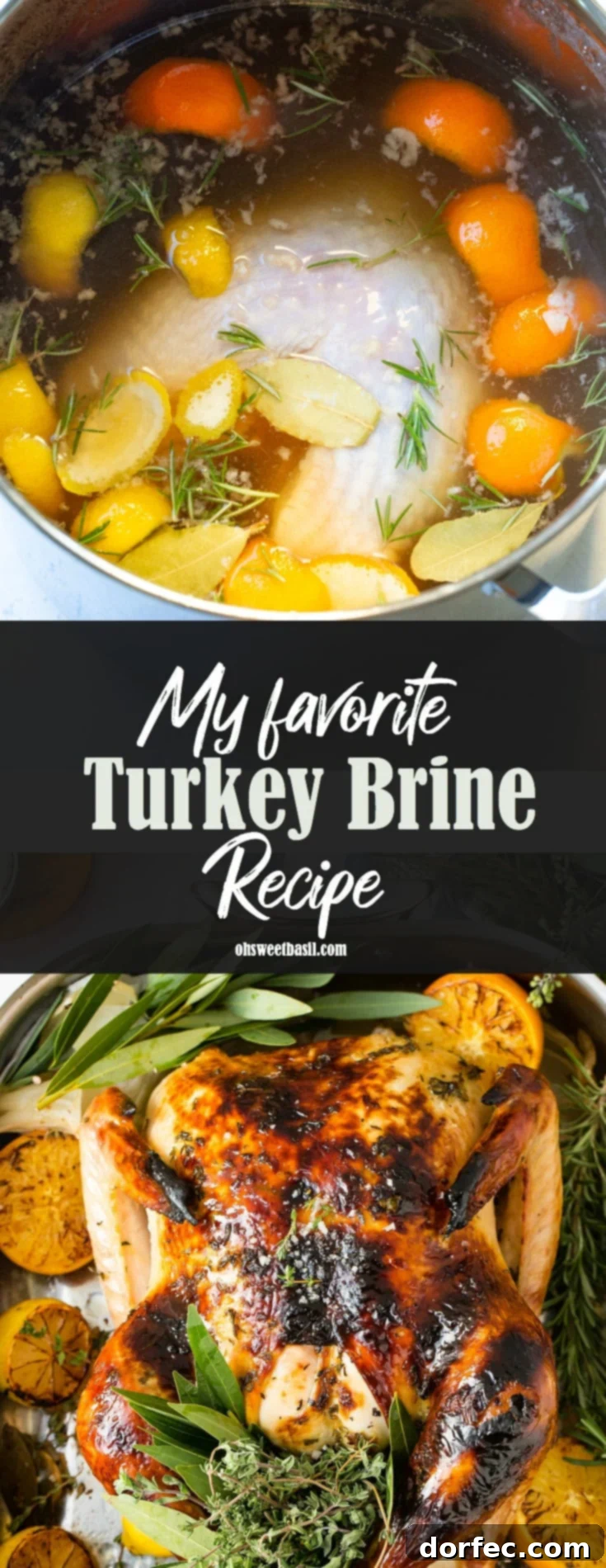 A close-up photo of turkey brine in a large stock pot, showcasing the fresh herbs, orange and lemon peels, and the clear, aromatic liquid.