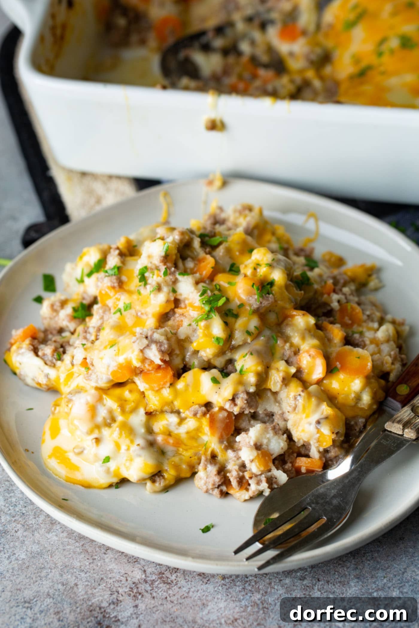 A vibrant close-up of the delicious low carb cheesy ground beef and cauliflower rice casserole on a white plate, showcasing its golden melted cheese topping and rich, hearty texture.