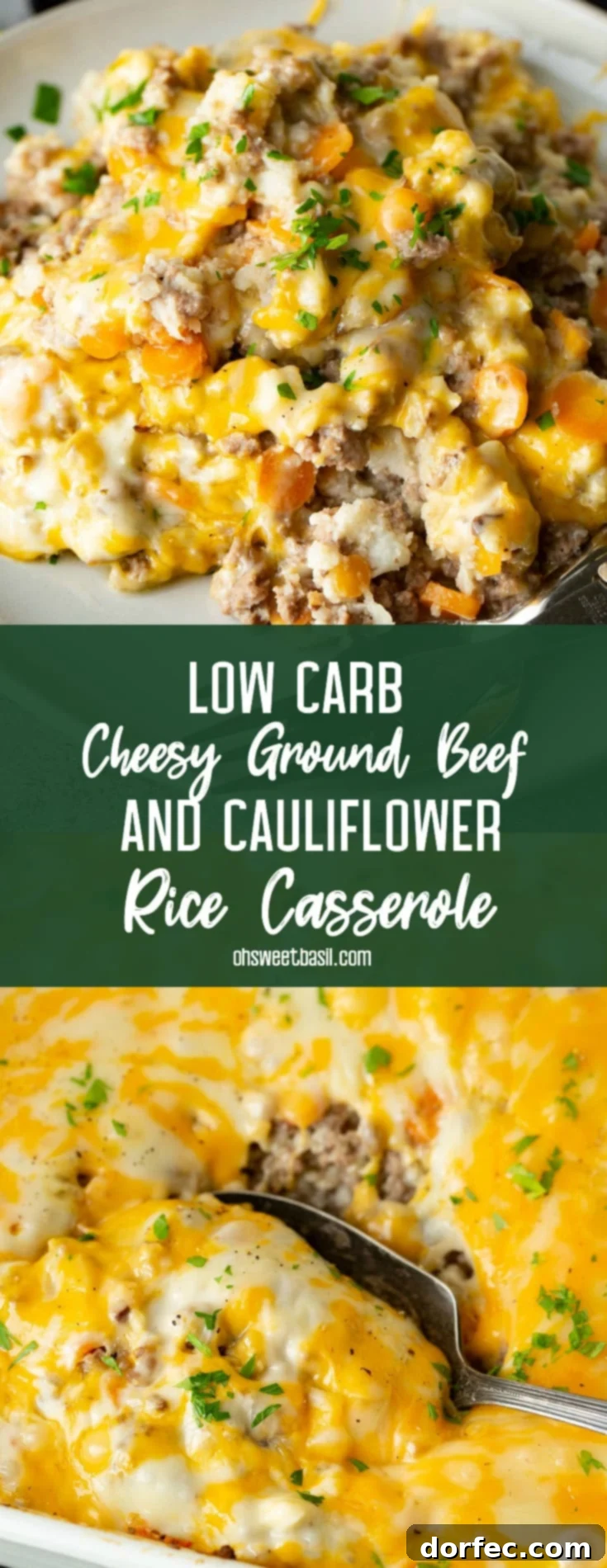 A beautifully presented serving of low carb cheesy ground beef and cauliflower rice casserole, generously topped with melted cheese, on a white plate. This mouth-watering image emphasizes the dish's rich flavors and appealing texture.