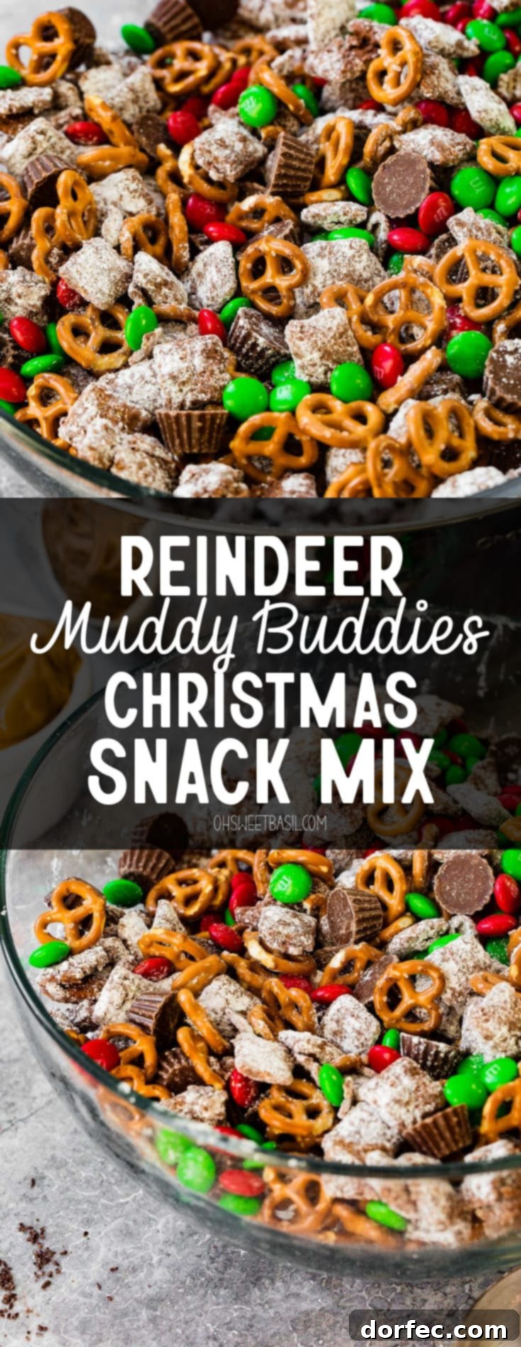 A large glass bowl filled to the brim with a delightful Christmas snack mix, showcasing the perfect harmony of Chex Muddy Buddies, savory pretzels, vibrant M&Ms, and creamy peanut butter cups, making for an easy and delicious holiday treat.