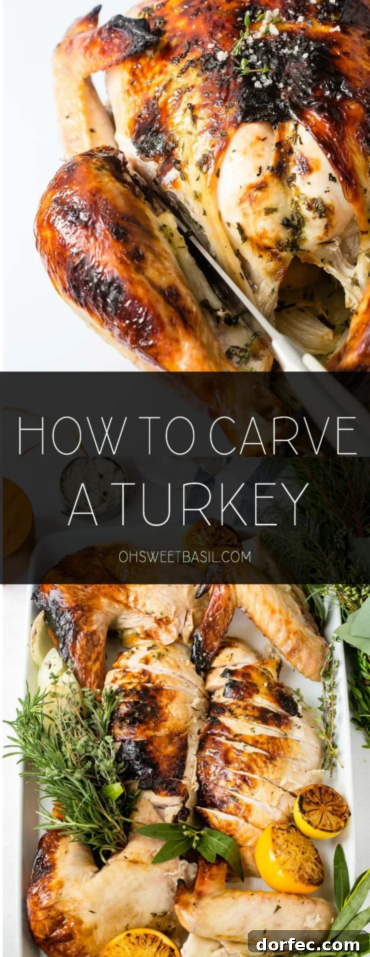 Thanksgiving Turkey Carving Guide 2 A high-angle shot of a beautifully roasted whole turkey, awaiting carving on a rustic wooden cutting board.