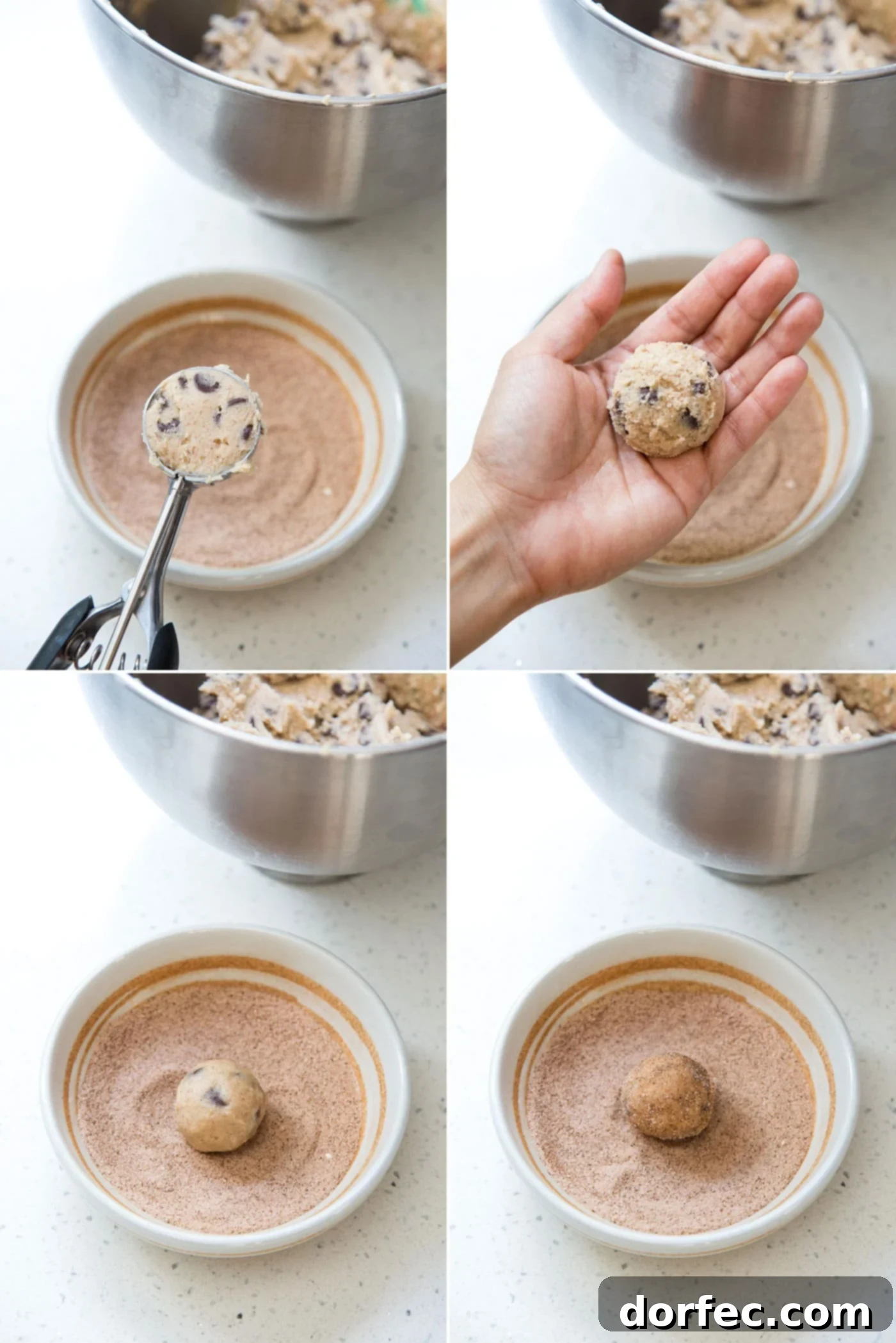 Spiced Chocolate Chip Snickerdoodles 4 A photo collage illustrating the process of forming chocolate chip snickerdoodle cookie dough balls and coating them in cinnamon sugar.