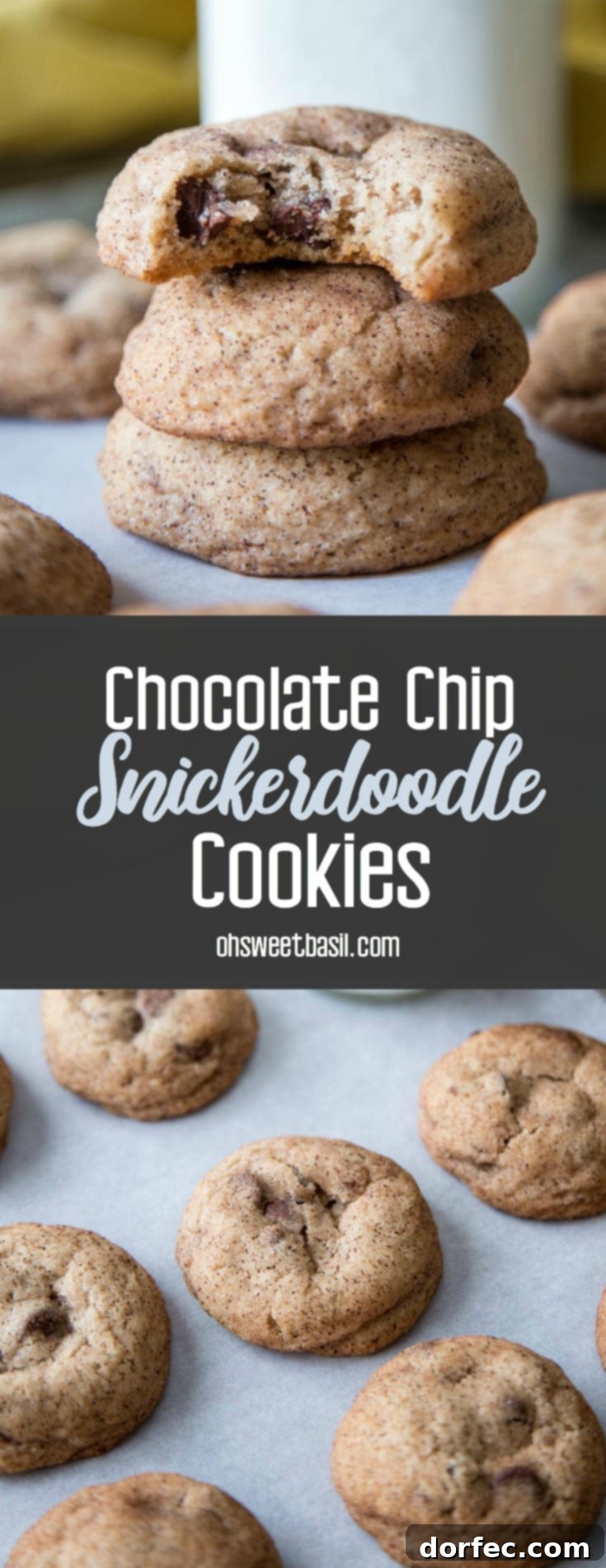 Spiced Chocolate Chip Snickerdoodles 6 A beautifully arranged stack of chocolate chip snickerdoodle cookies, highlighting their perfectly rounded shape and cinnamon-sugar sparkle.