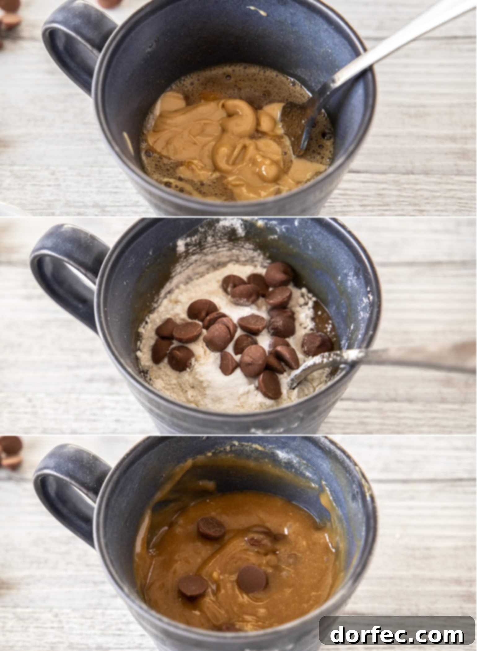 A collage of 3 images showing the stages of making a mug cake