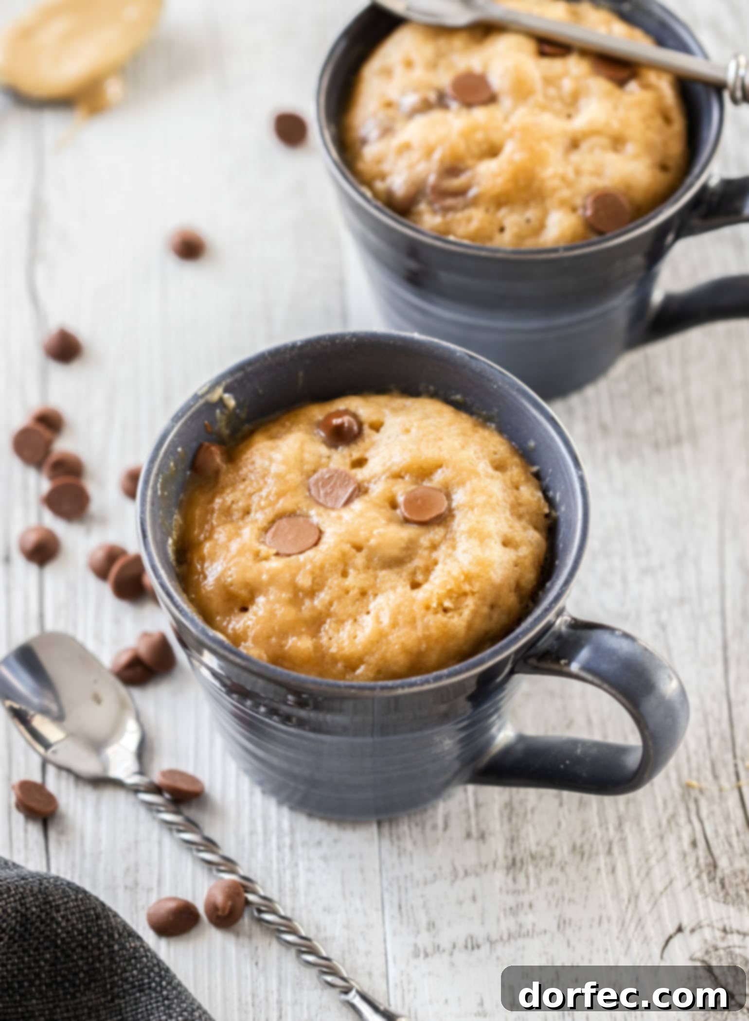 Two blue mugs filled with cake and surrounded by choco chips and spoons