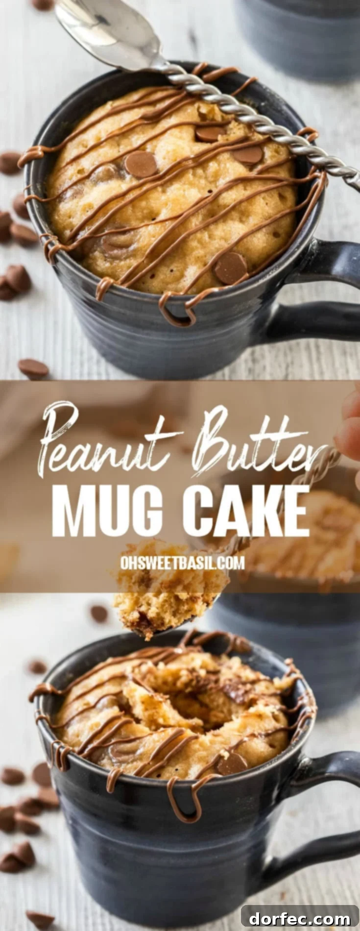 Birdseye view of a mug cake in a blue mug with chocolate drizzled over the top and a spoon sitting on top