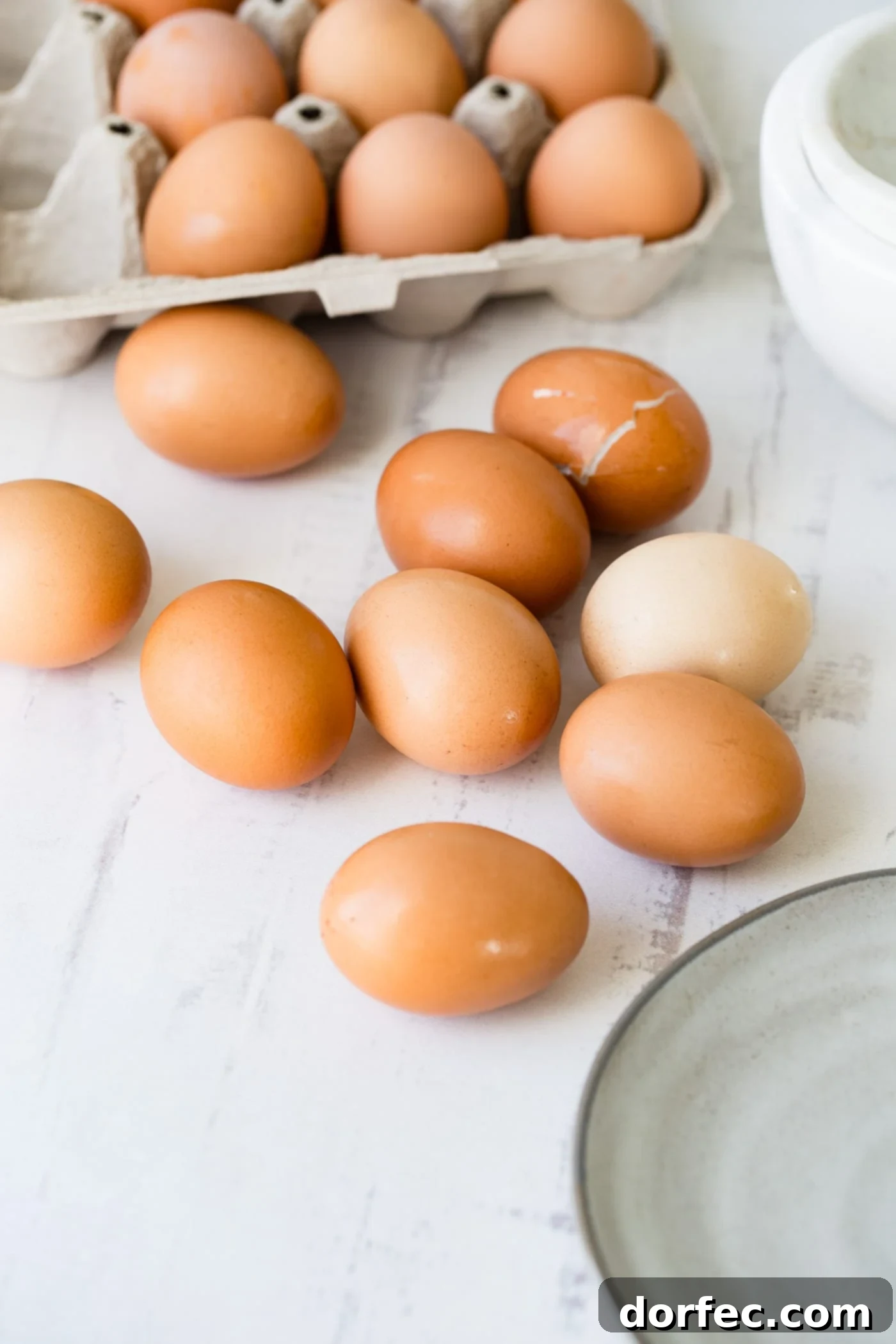 Choosing Brown Eggs for Hard Boiling Nine fresh brown eggs carefully arranged on a countertop, with a full carton of brown eggs in the background, emphasizing the importance of egg selection for perfect hard boiling.