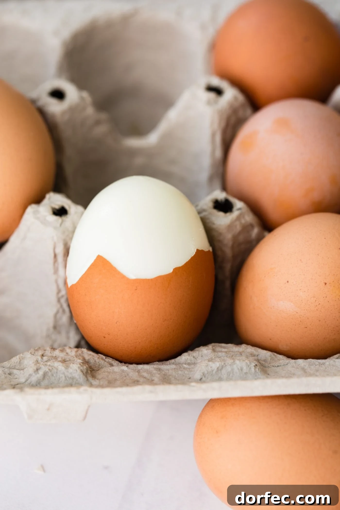 Easy Peeling Hard Boiled Eggs An open egg carton holding five perfectly hard-boiled brown eggs, one of which has been partially peeled to showcase its smooth, easy-to-remove shell.