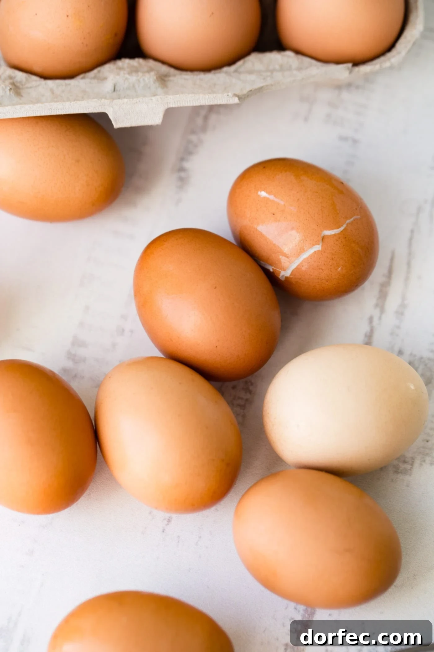 Versatile Hard Boiled Egg Uses Seven beautifully cooked brown hard-boiled eggs arranged casually on a kitchen counter, ready for snacking or incorporating into various dishes.