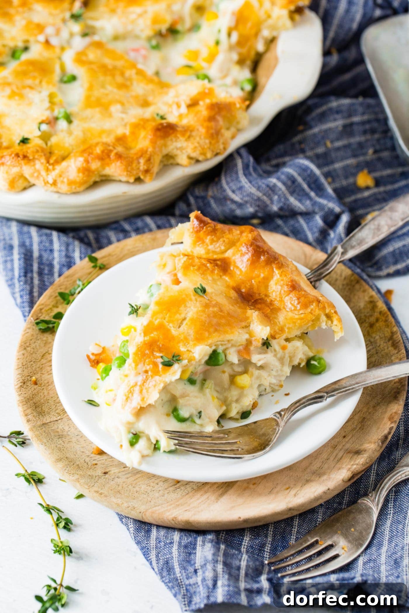 A Slice of Homemade Comfort A perfectly baked slice of homemade chicken pot pie rests on a dinner plate with a fork, ready to be enjoyed. The slice showcases its golden, flaky top crust and the abundant, creamy filling within, clearly revealing tender chicken, bright carrots, and green peas. In the soft-focus background, the remaining chicken pot pie fills its dish, promising warmth and comfort.