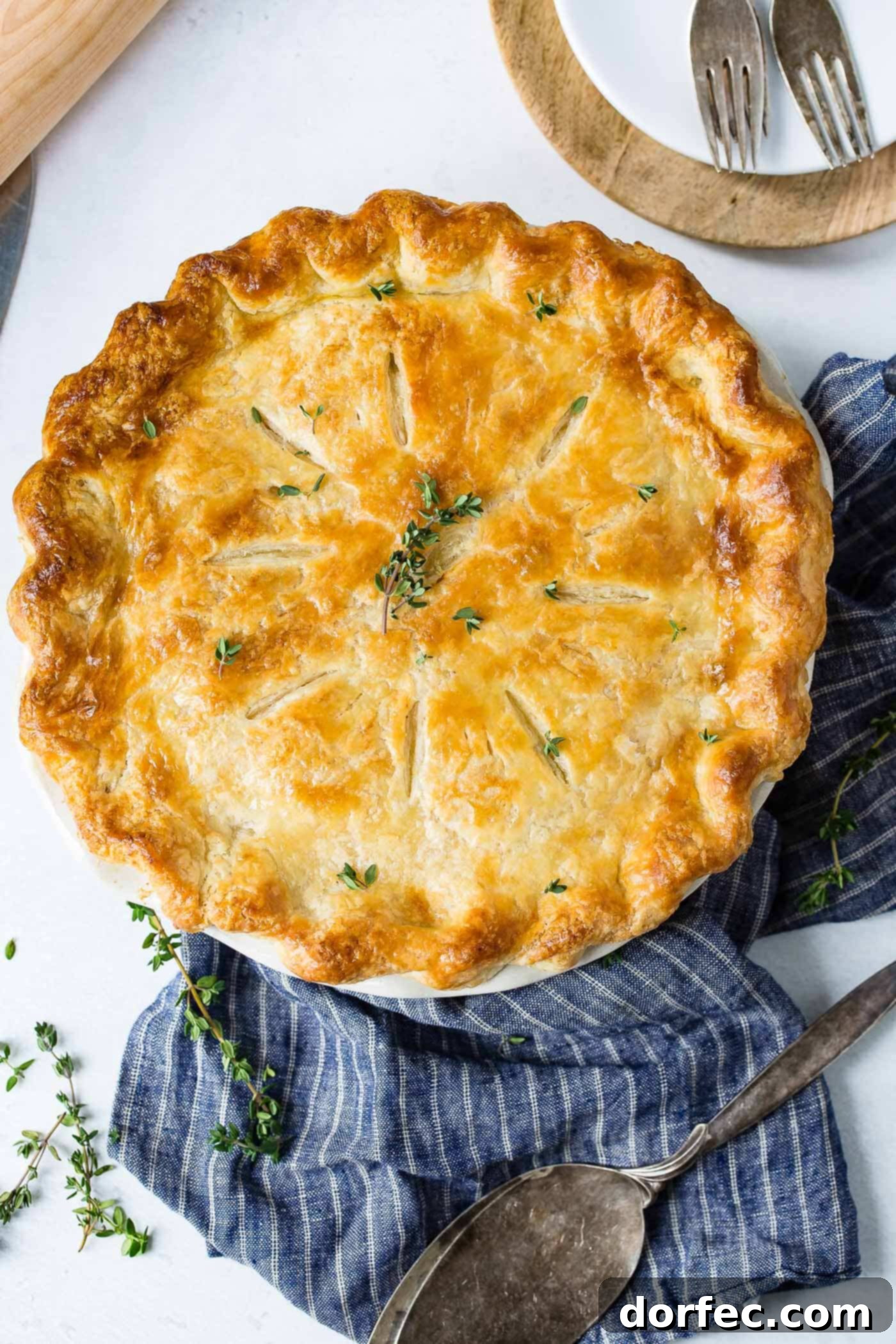 Golden Homemade Chicken Pot Pie An inviting overhead view of a freshly baked whole chicken pot pie, boasting a perfect golden-brown crust, resting on a charming blue and white striped kitchen towel. A serving knife is placed thoughtfully beside it, hinting at the delicious, comforting meal to come. The pie's crisp texture and vibrant color are highlighted.
