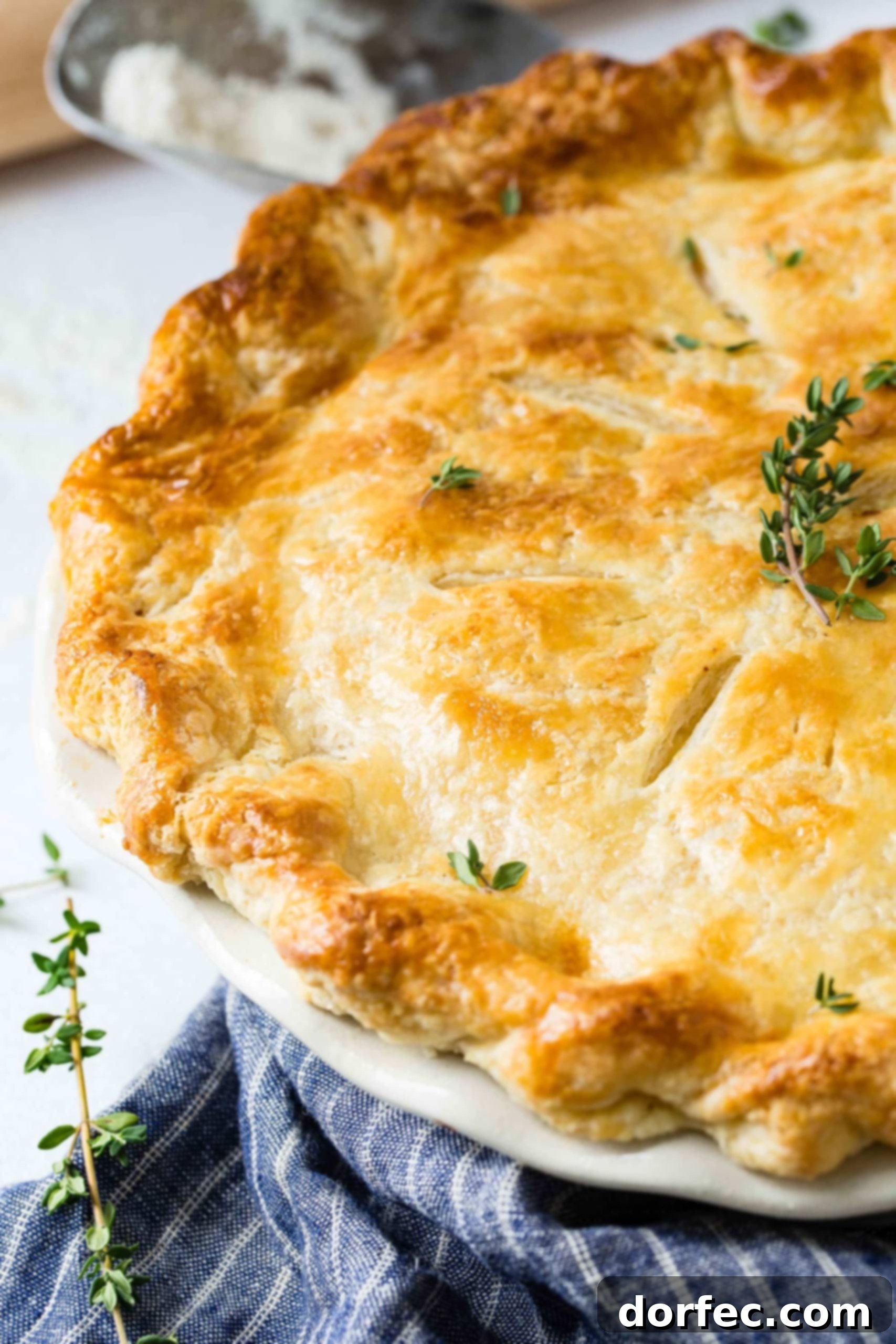 Golden Perfection: Chicken Pot Pie A pristine overhead shot of a golden-brown chicken pot pie, baked to perfection with a hint of fresh thyme on top, ready for serving. The detailed texture of the crust is visible, inviting a comforting culinary experience.