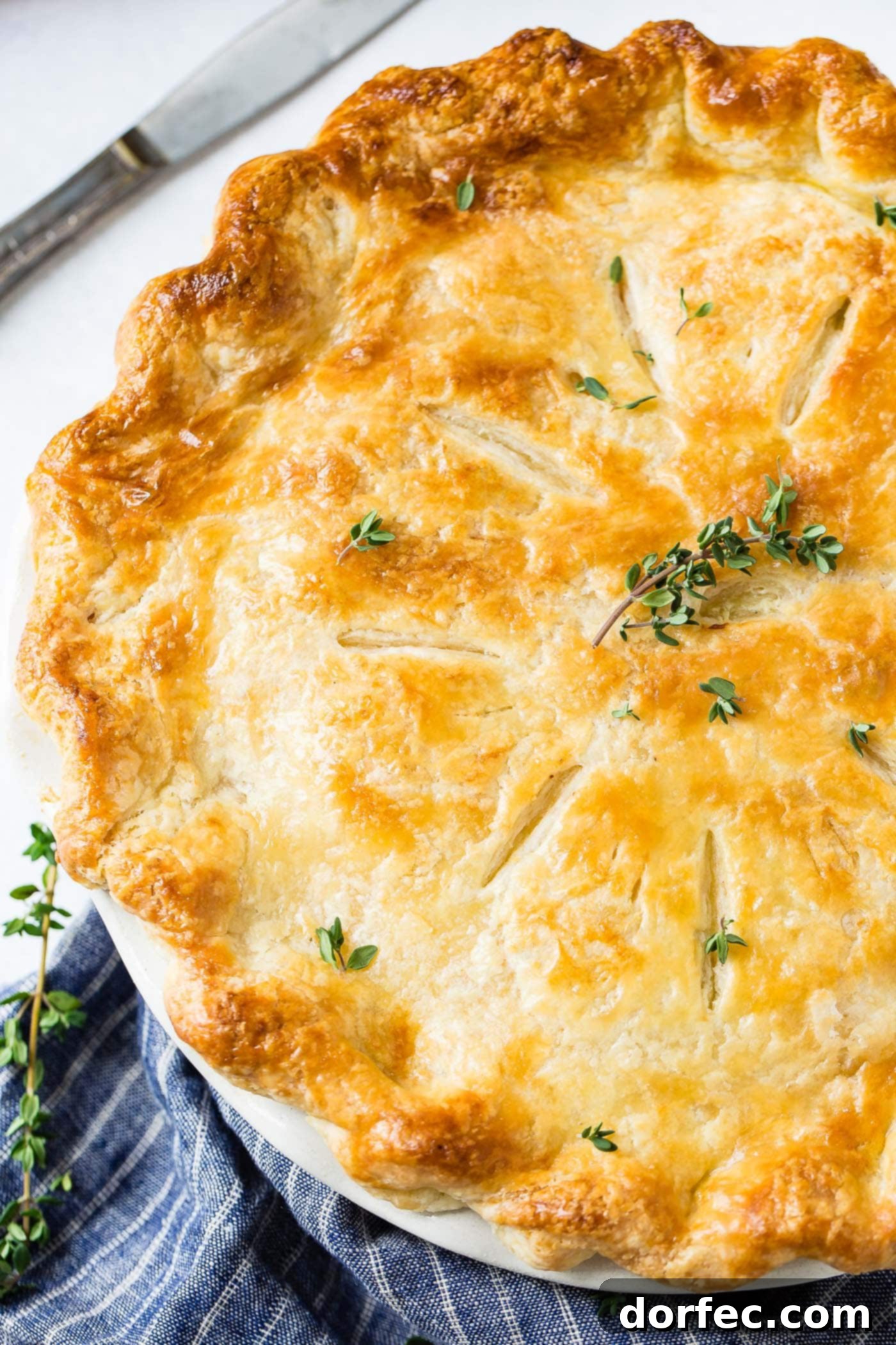 Golden Crust Perfection A close-up, top-down view of a perfectly golden-brown homemade chicken pot pie, adorned with a delicate sprig of fresh thyme, showcasing its rich, flaky crust and inviting warmth. The exquisite detail of the crust's texture is highlighted, promising a delightful culinary experience.