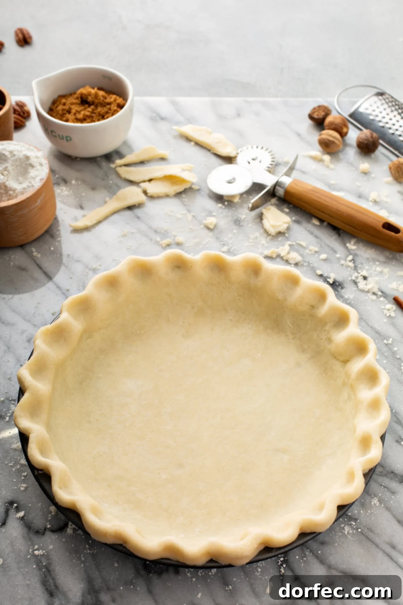 A pristine, uncooked pie crust neatly settled in a pie tin, sitting on a rustic table, awaiting its transformation into a delectable dessert.