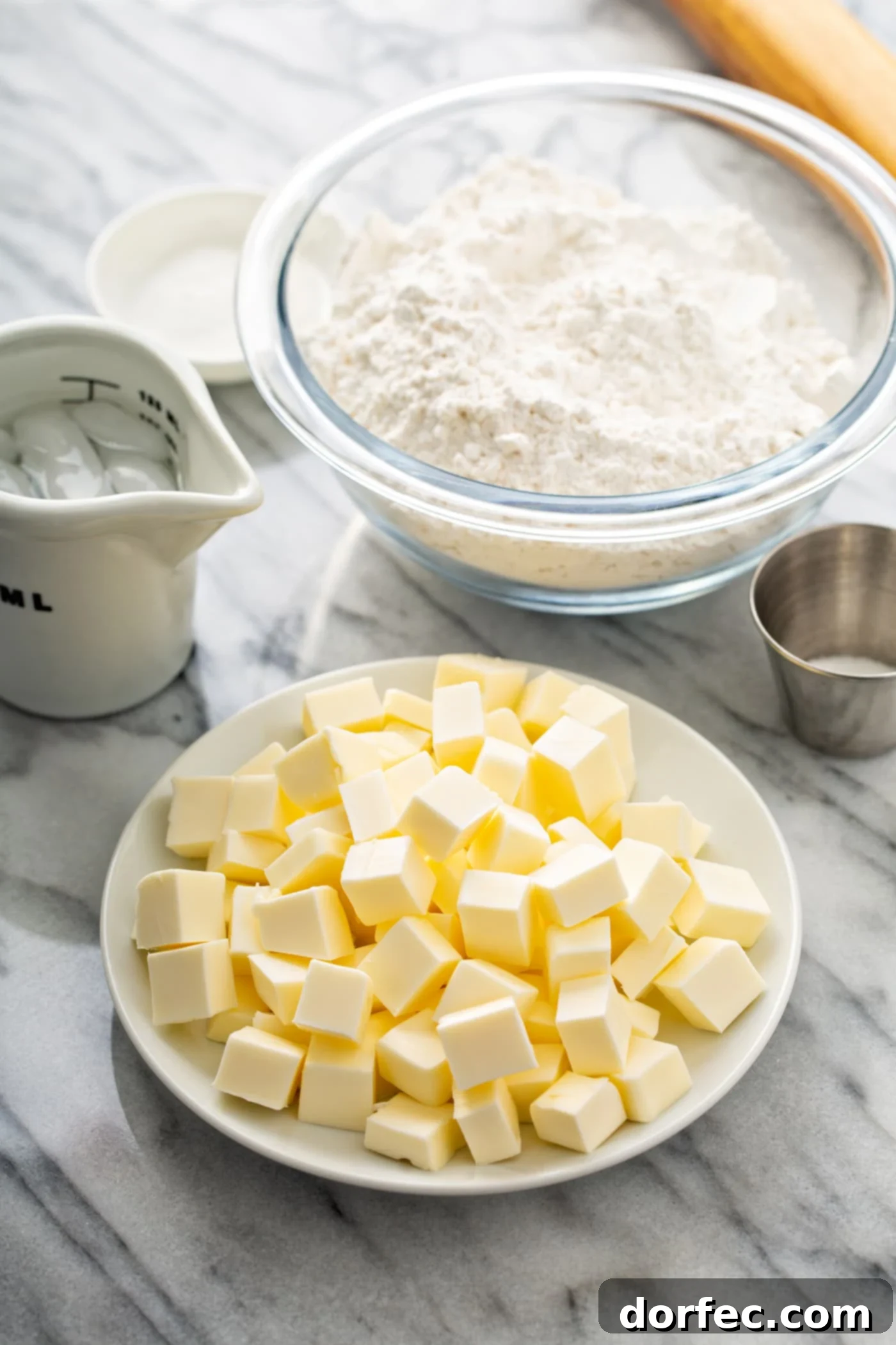 A selection of essential ingredients for making the perfect pie crust laid out on a table: flour, salt, small cubes of cold butter, and a glass of ice water.