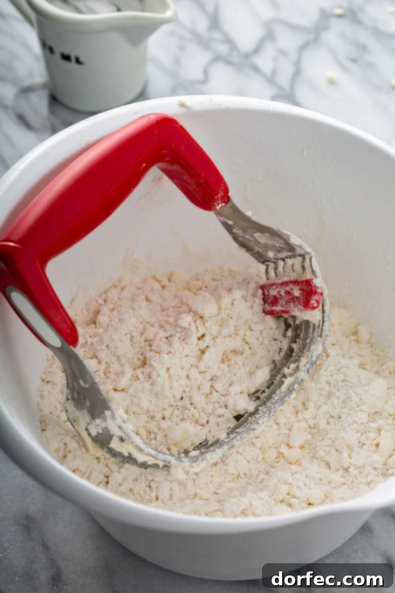 A pastry blender actively cutting cold butter into flour within a mixing bowl, creating a coarse, crumbly mixture.