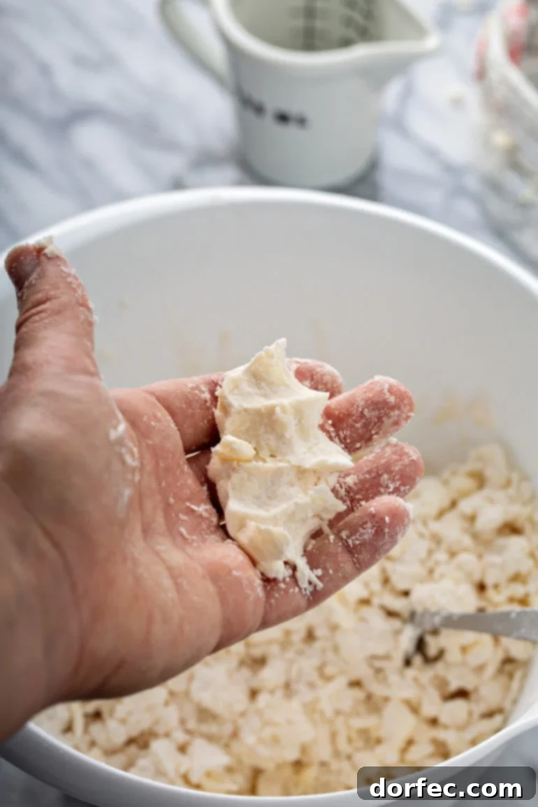 A hand gently squeezing a small portion of pie dough, demonstrating the 'squeeze test' to check for proper moisture and readiness.