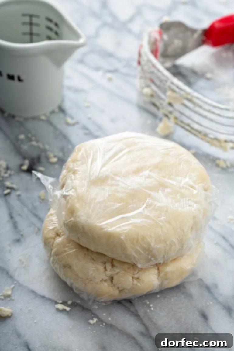 Two neatly wrapped balls of pie dough in plastic wrap, alongside a pastry blender, awaiting refrigeration.