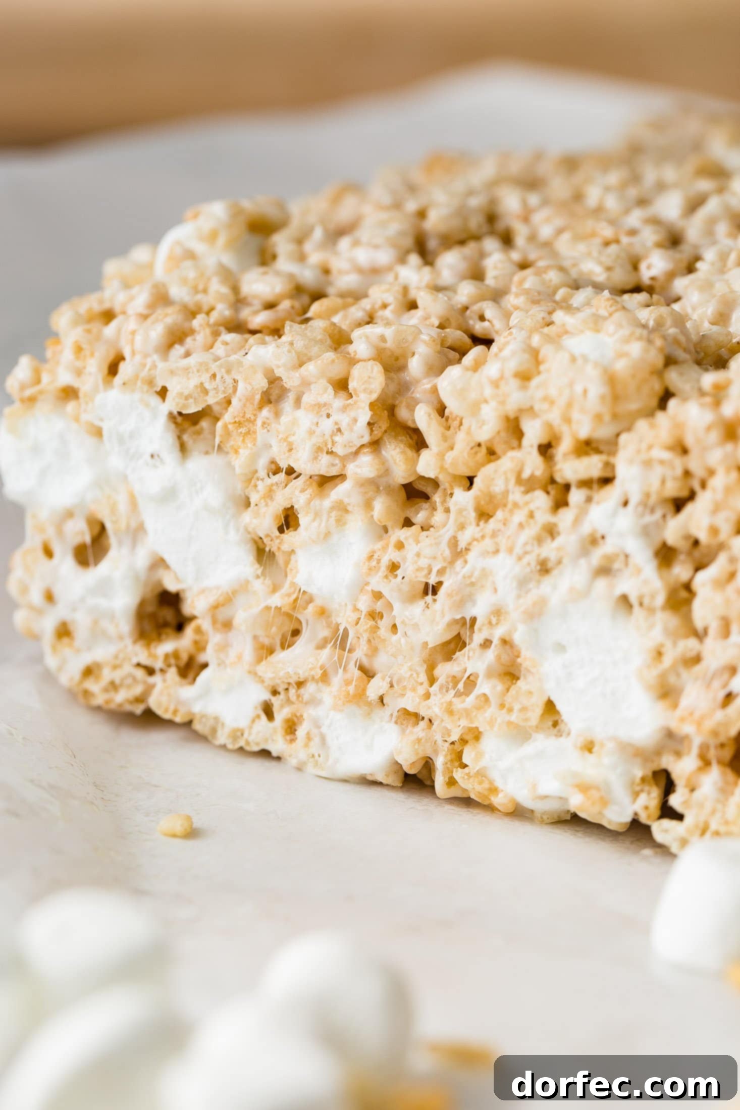 Extra Gooey Rice Krispie Treats 4 A close-up of a homemade Rice Krispie Treat showing the delightful pockets of unmelted mini marshmallows interspersed throughout the crispy rice cereal, indicating its soft and gooey interior.