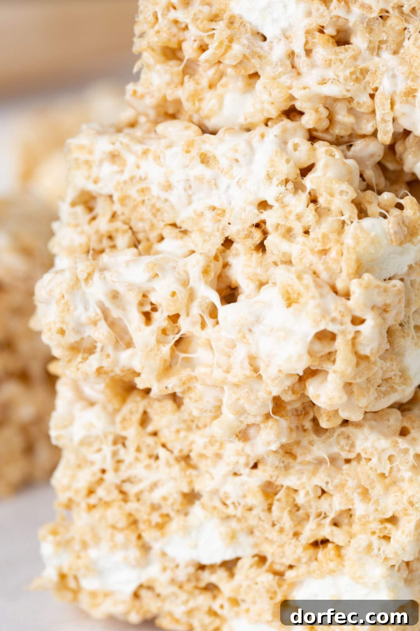 Extra Gooey Rice Krispie Treats 6 Two generous servings of homemade Rice Krispie Treats, stacked invitingly on top of each other, showcasing their perfect thickness and irresistible texture.