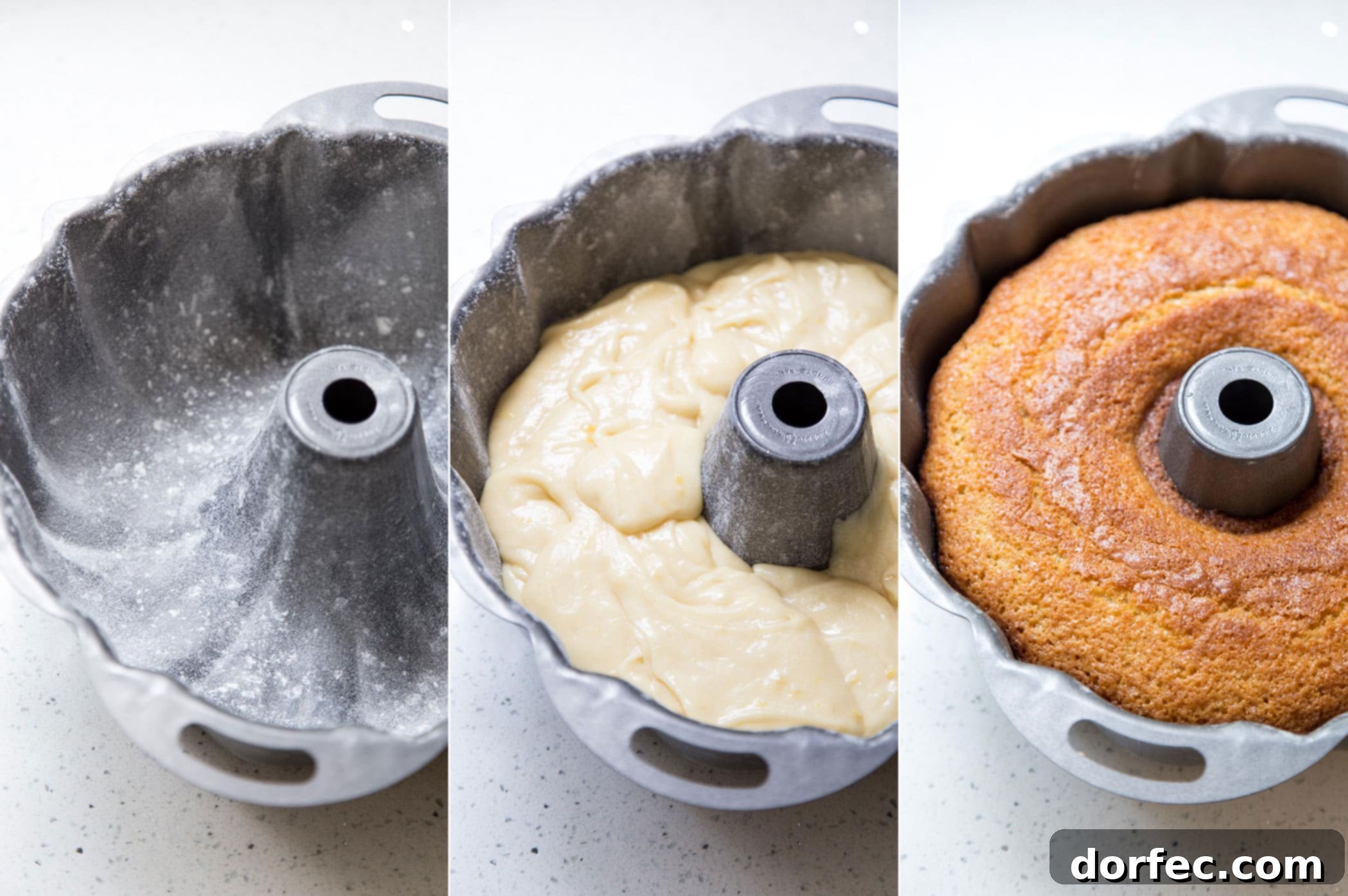 Pouring smooth, yellow lemon bundt cake batter into a prepared bundt pan, ready for baking.